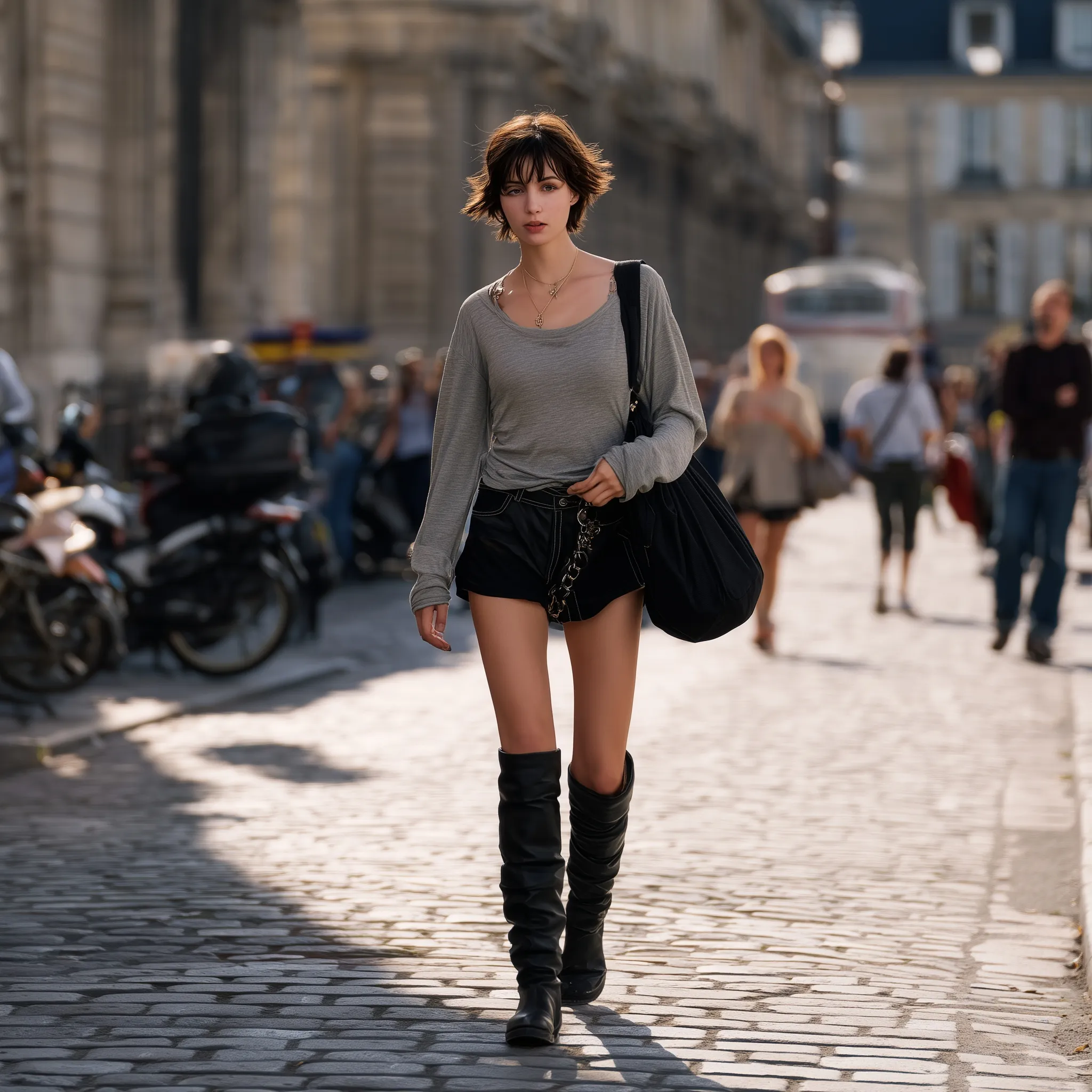 Stylish woman in gray sports shirt and knee-high boots walking through Paris street in a candid AI-generated photo.