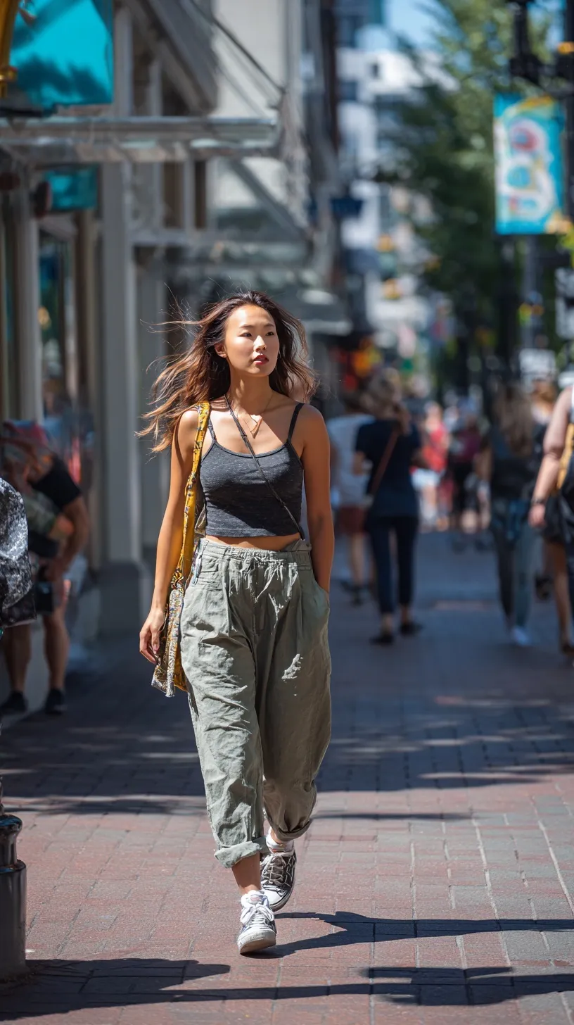 A candid, full-body shot of a young woman walking on a busy city street, captured in a realistic iPhone style.