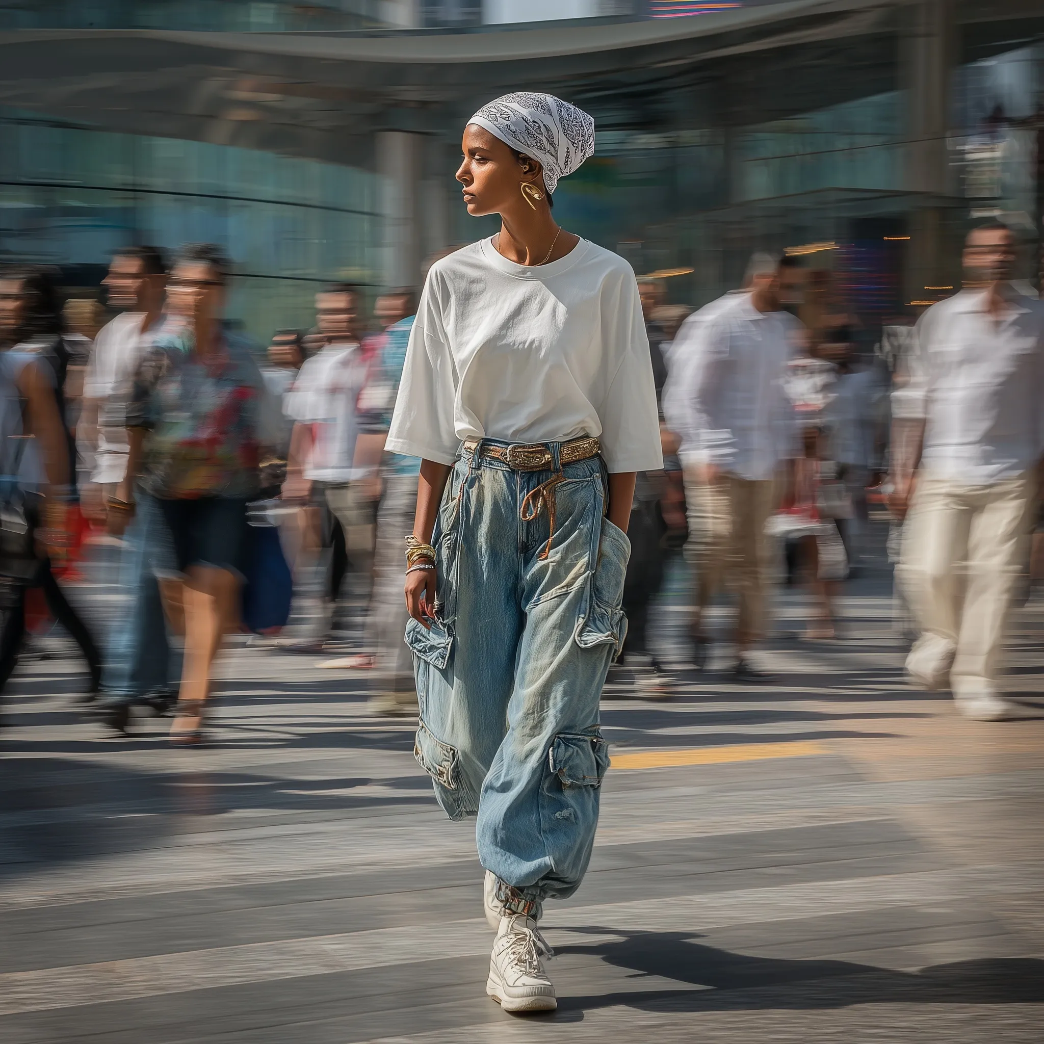 A South Asian woman in streetwear stands in a motion-blurred Dubai Mall crosswalk, candid and hyper-realistic.