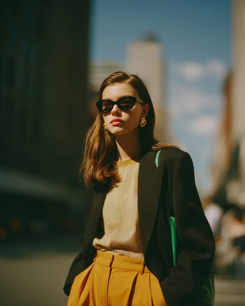 Stylish woman in mustard trousers and blazer standing on a NYC street, candid editorial portrait with film aesthetic.