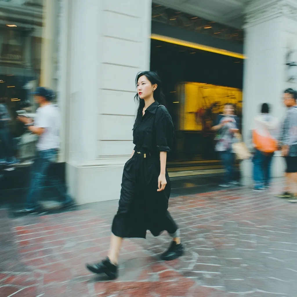 Candid street photography of a Chinese woman walking, captured with smartphone style realistic lighting.