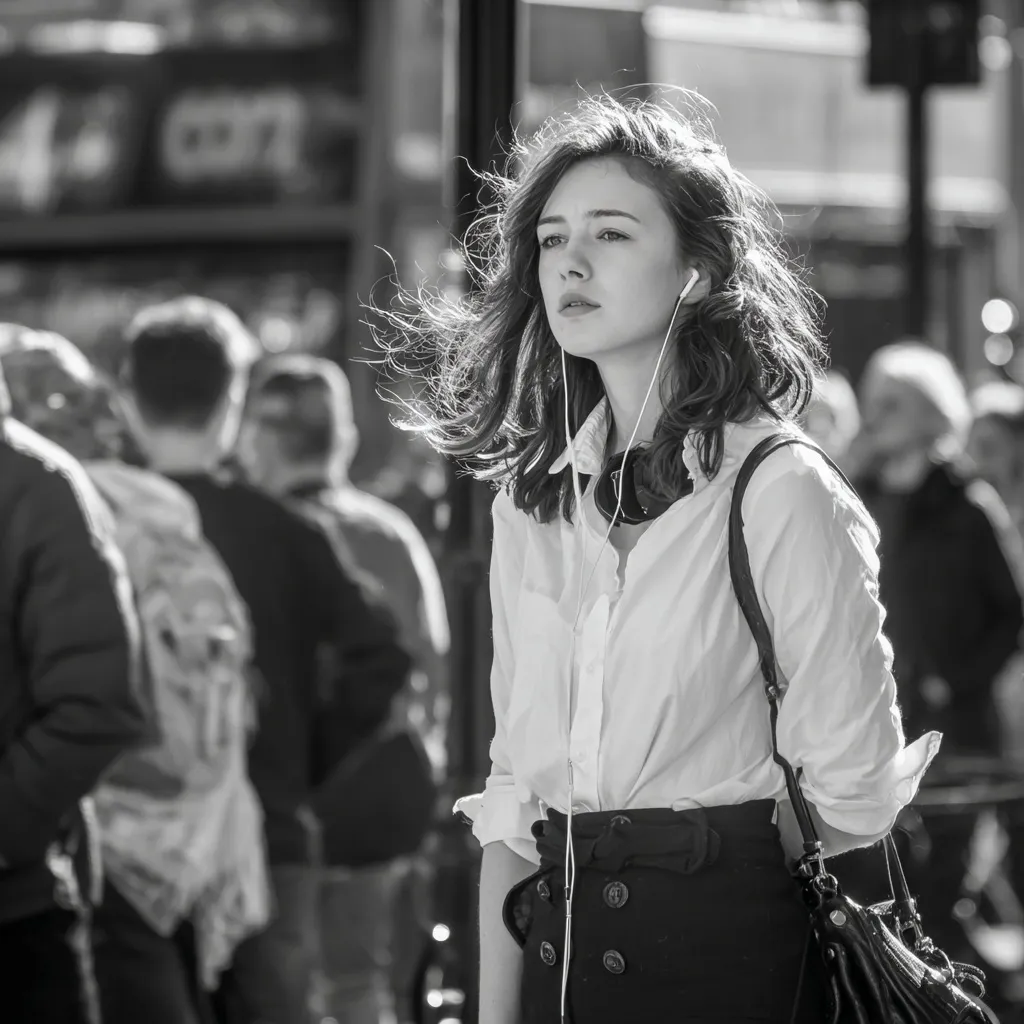 A young woman in classic clothing walking candidly along a busy street in London, Oxford Street background.