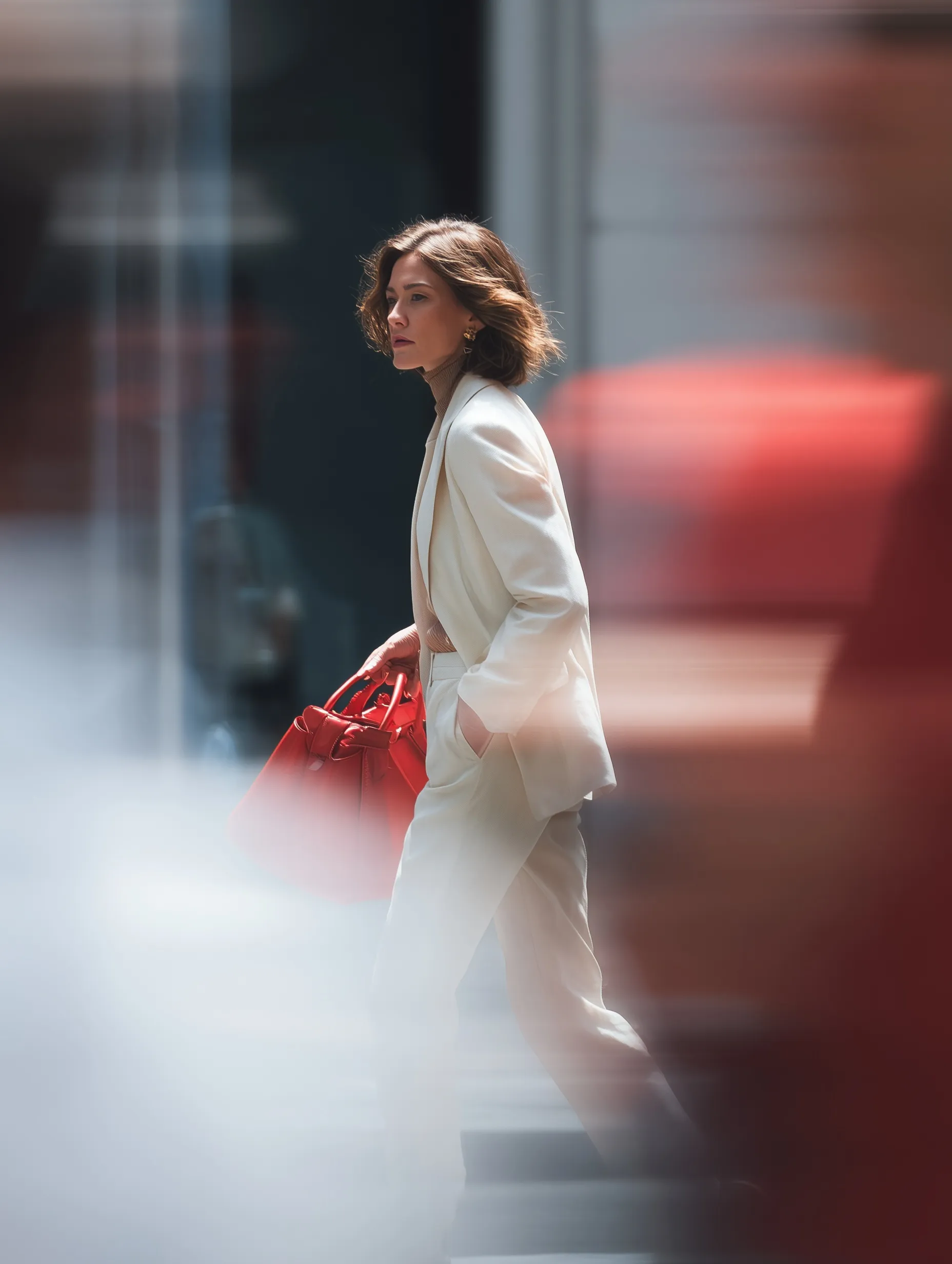 A professional woman in a Saint Laurent suit walking on a Manhattan street holding a red bag, vogue fashion style.