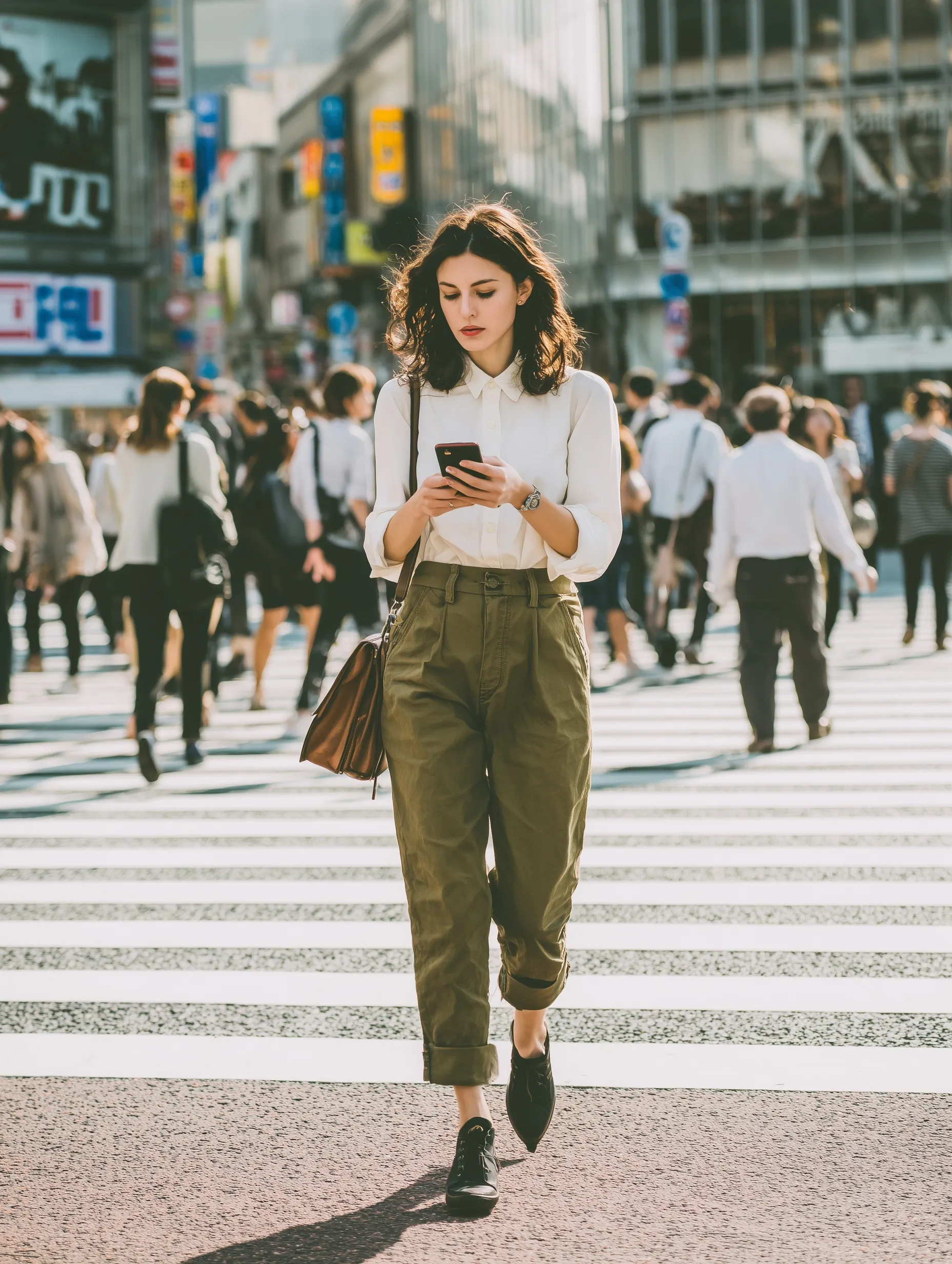 A Latina woman in business casual attire stands still at a busy, motion-blurred Shibuya crossing while using a phone.