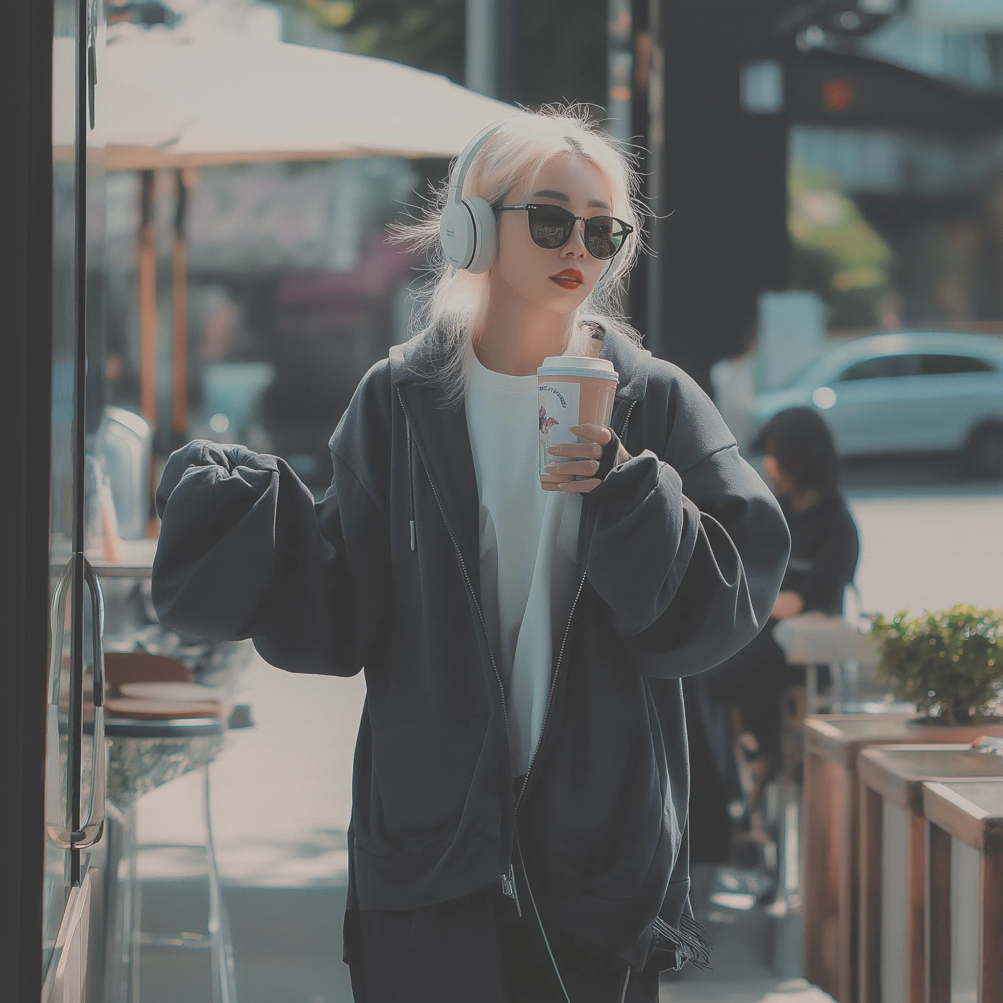 Stylish Korean woman with blonde hair and headphones walking on a sunny city street, candid R&B album cover aesthetic.