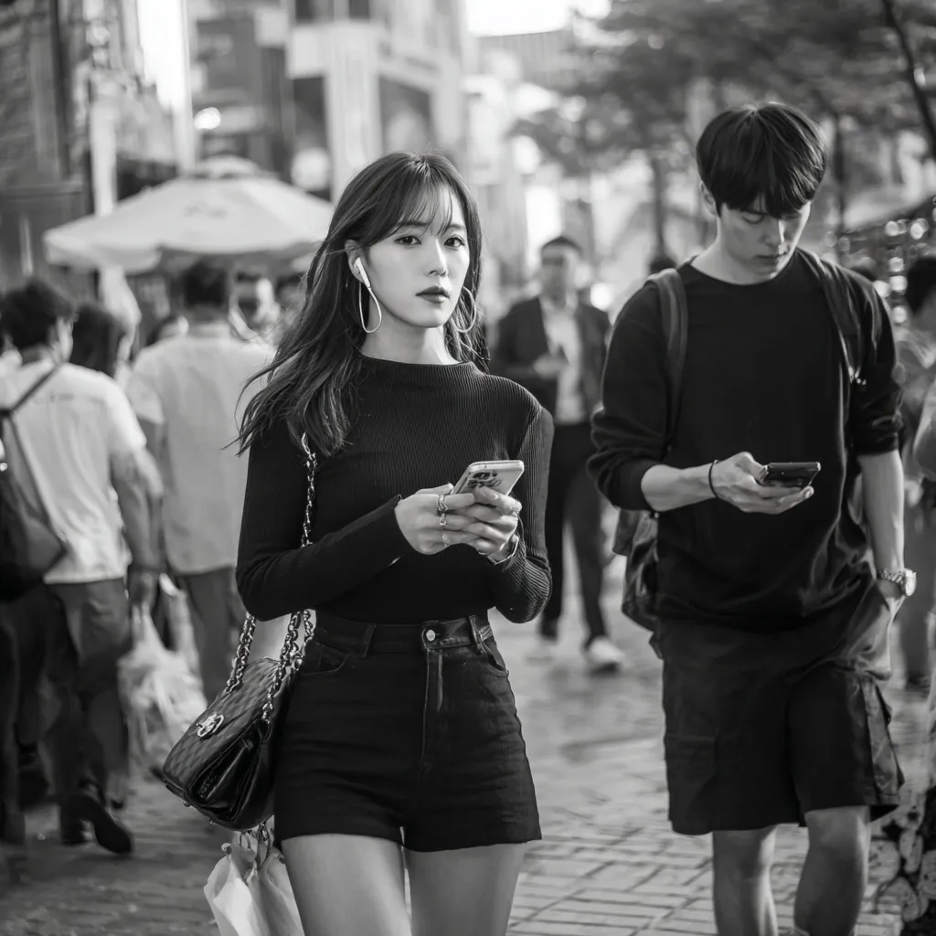 A young woman carrying a luxury handbag while walking down a modern Gangnam street in Seoul, South Korea.