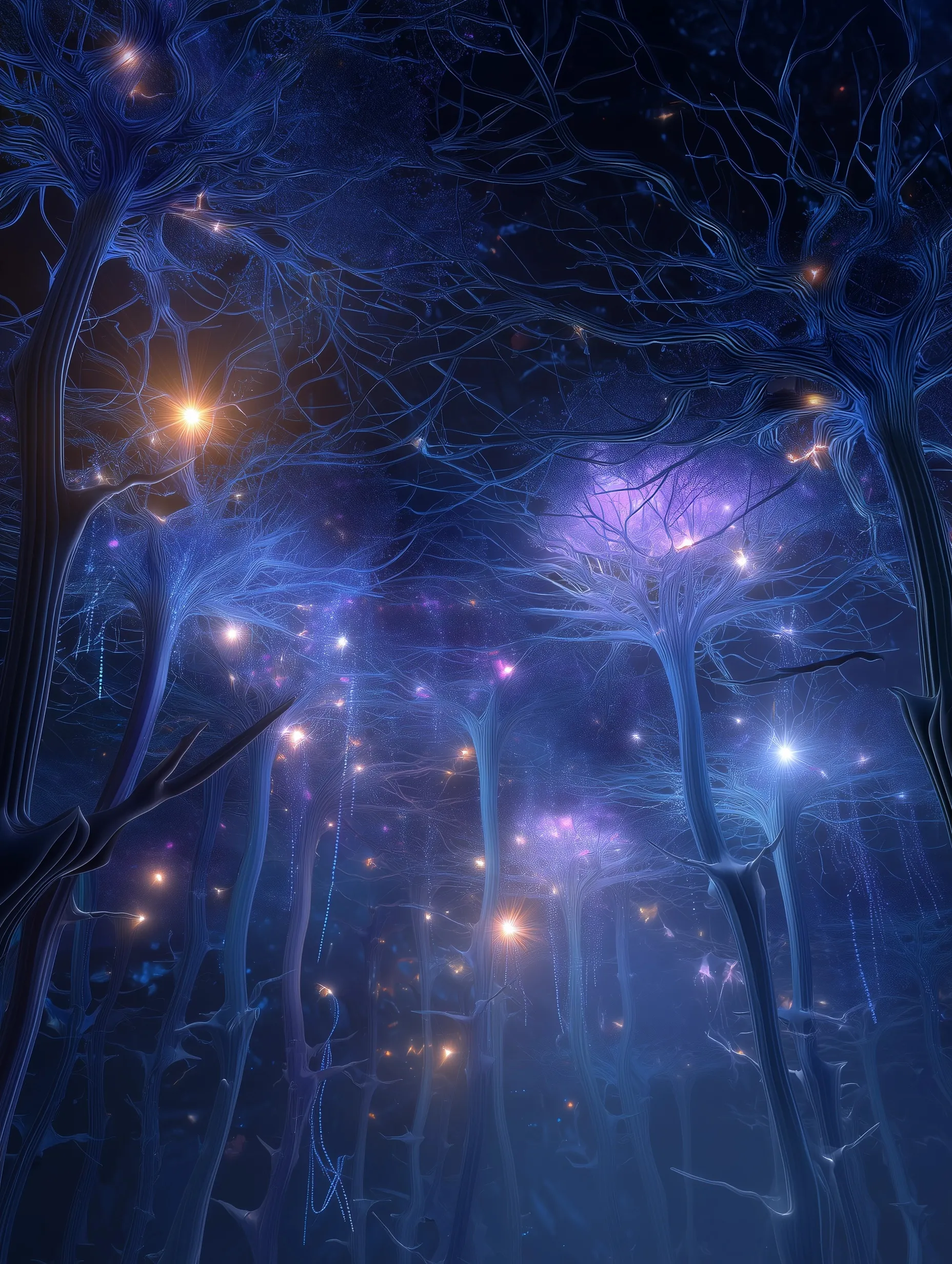 Surreal forest made of glowing neural networks and brain cell synapses in blue and violet hues.
