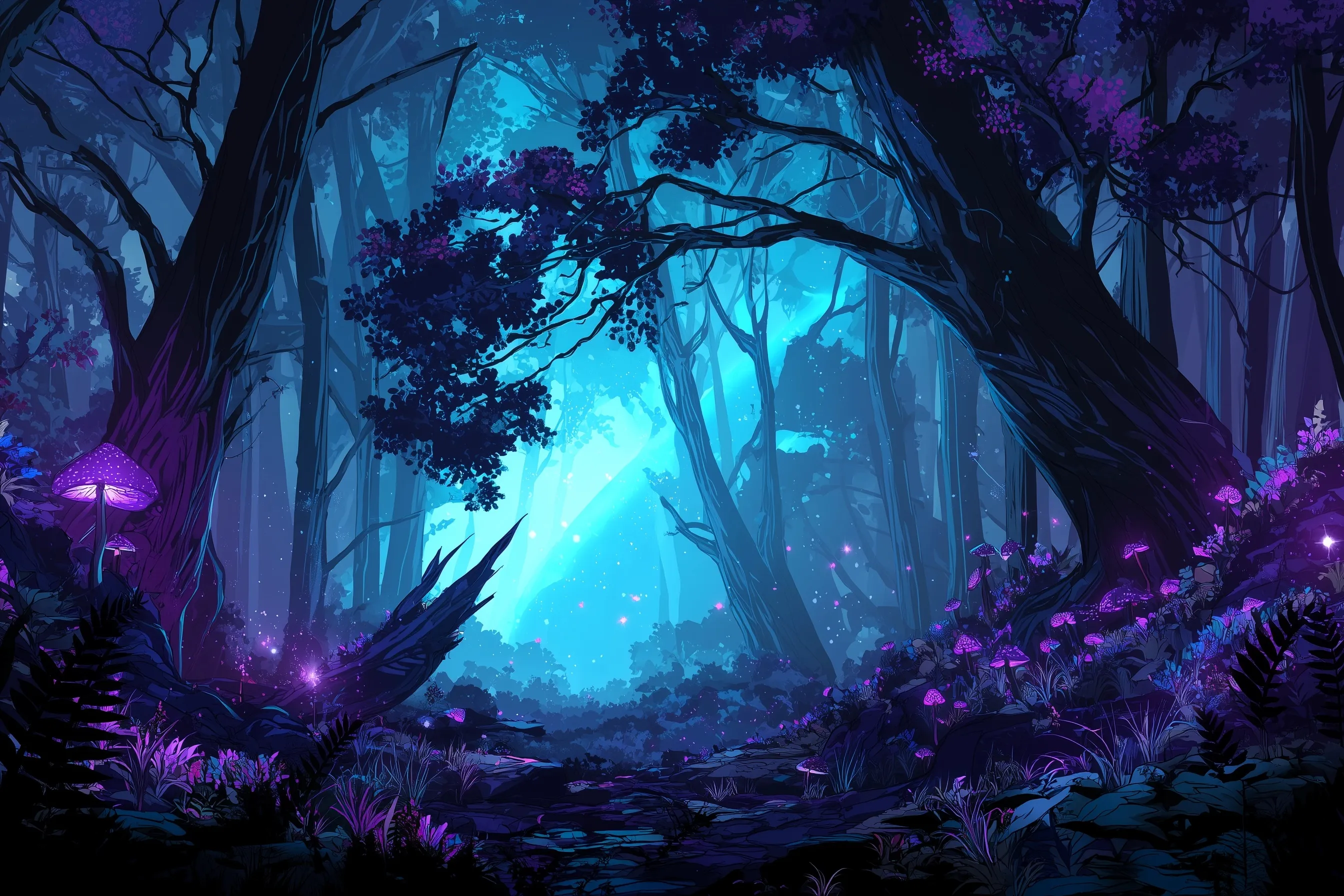 A mystical forest with glowing blue and purple trees in a digital Dungeons and Dragons fantasy art style.