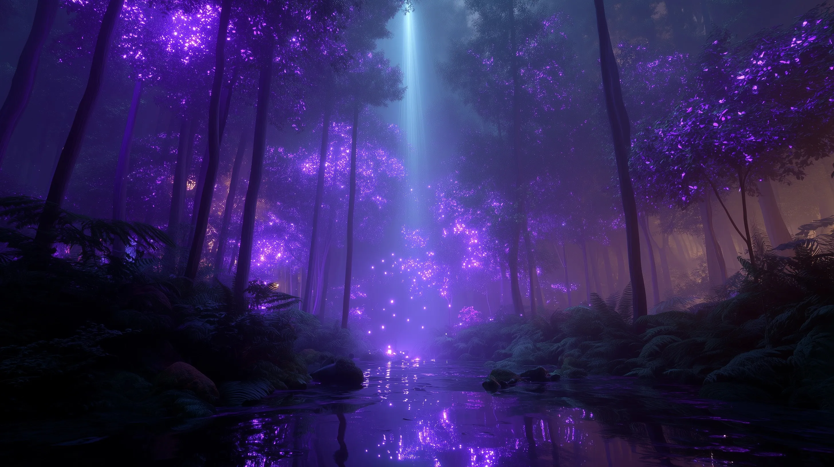 Cinematic glowing forest with a floating AI energy core, bioluminescent particles, and ethereal violet light rays.