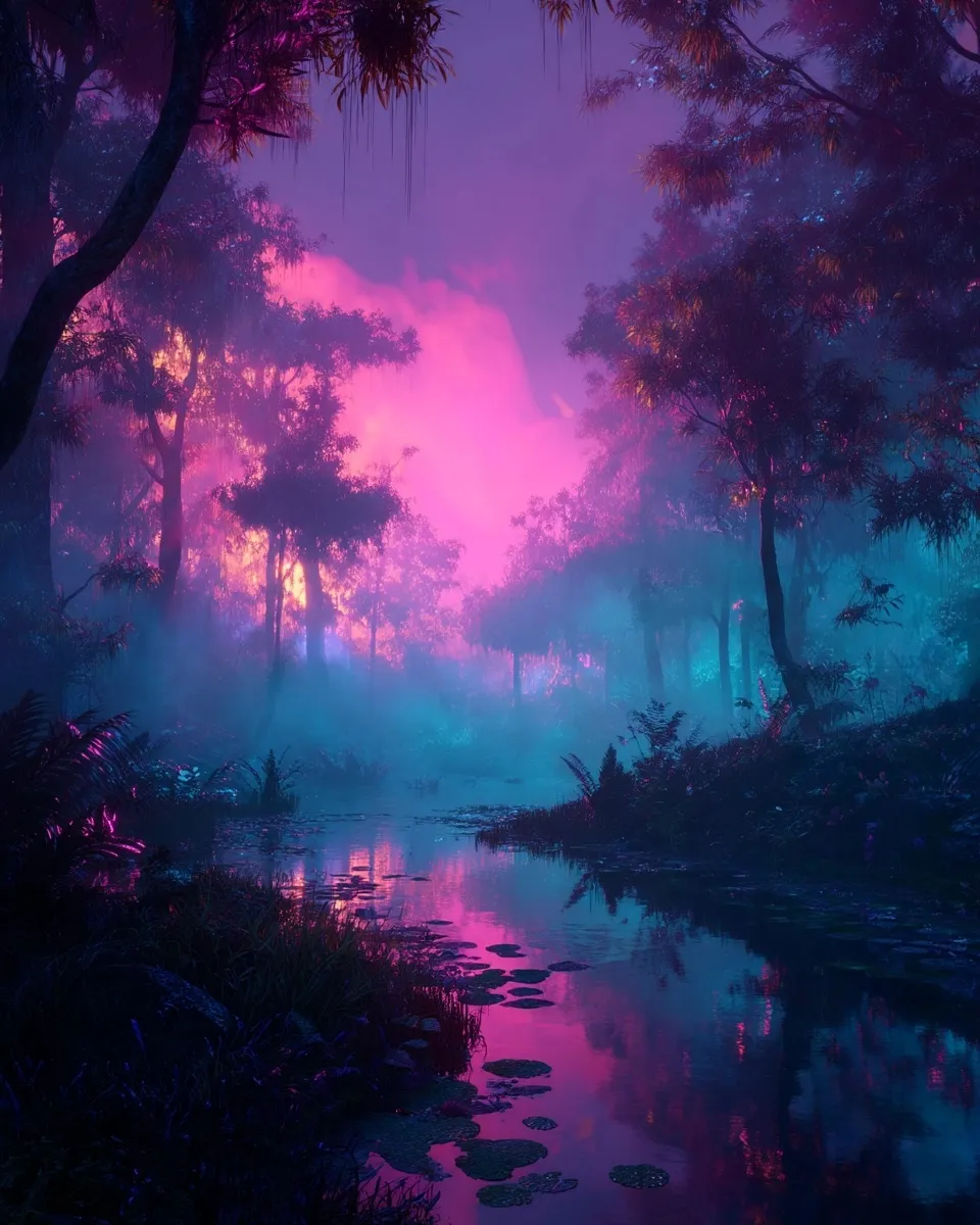 A mystical, glowing forest lake with surreal vibrant colors, ethereal mist, and magical reflections.