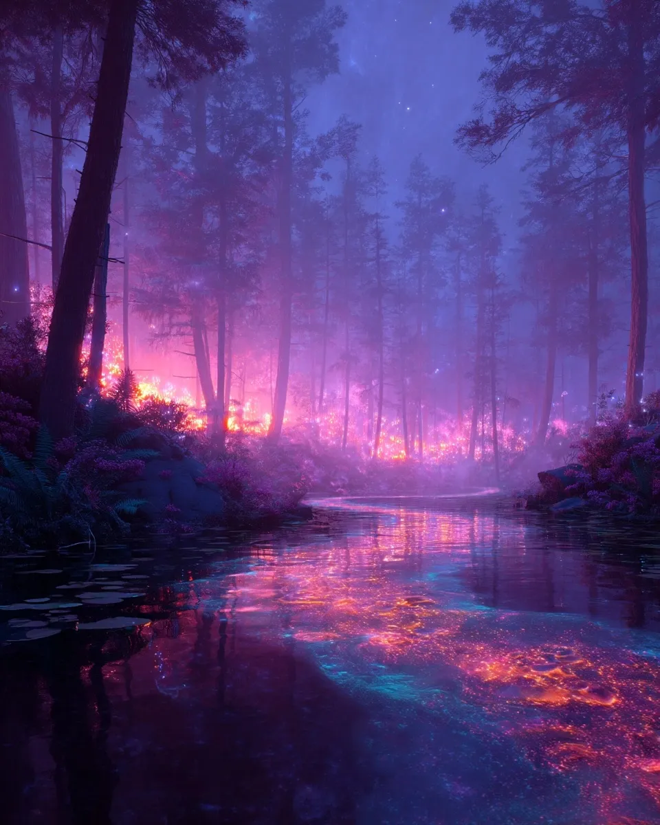 A mystical lake in an AI-generated glowing forest with surreal colors, ethereal mist, and magical reflections.