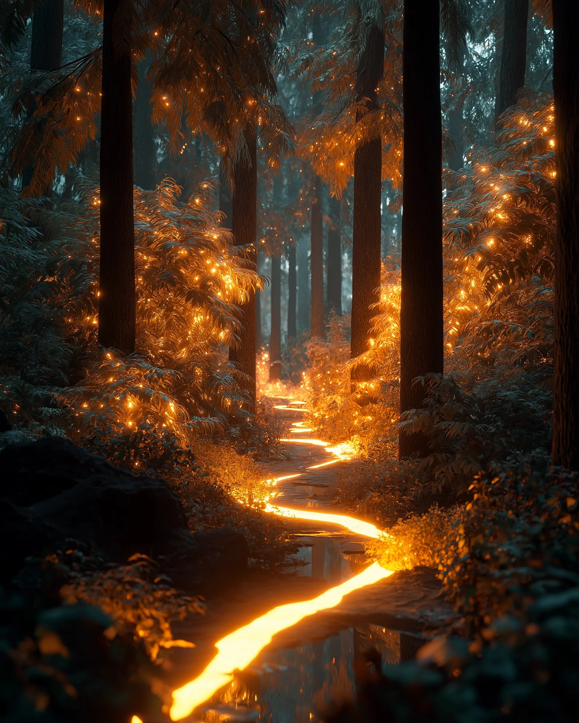 A surreal glowing path winding through a hyper-realistic, bioluminescent forest as a metaphor for life choices.