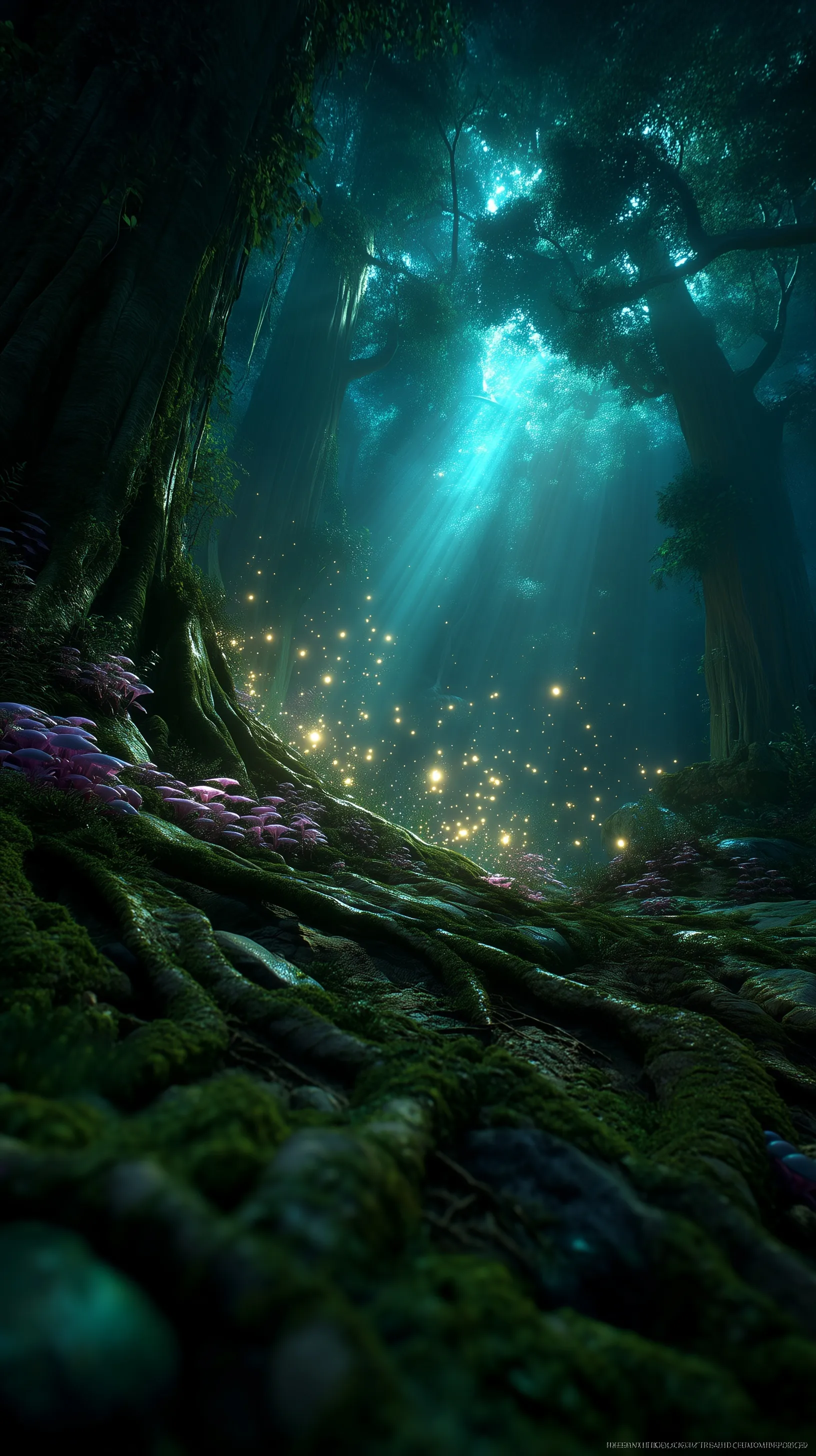 A cinematic bioluminescent forest with glowing golden light, ethereal mist, and vibrant fantasy flora in 4K.