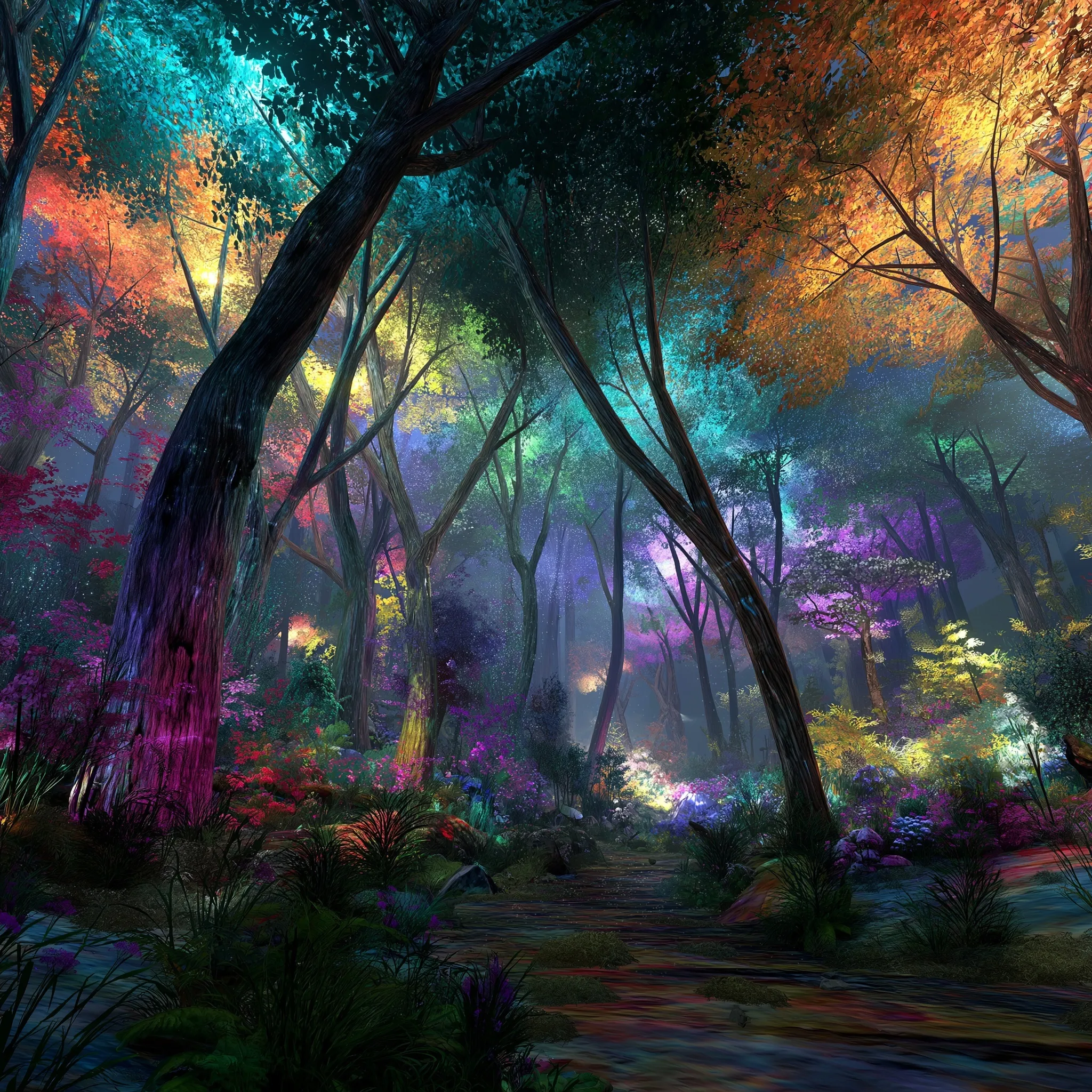 A realistic 3D fantasy forest with glowing colorful lights and a cinematic, modern aesthetic.