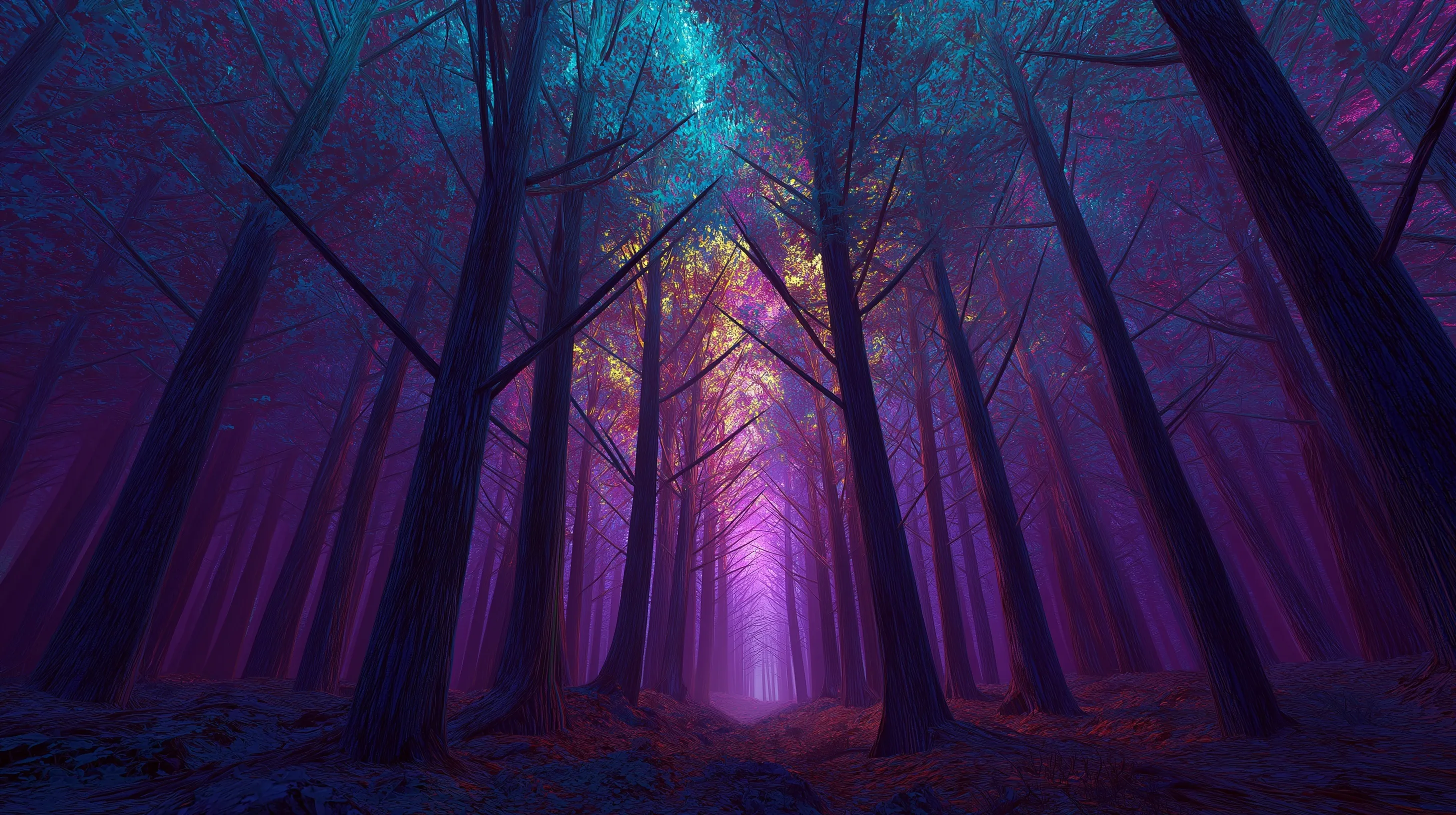 A realistic forest landscape featuring dense trees illuminated by magical, vibrant glowing colorful lights.
