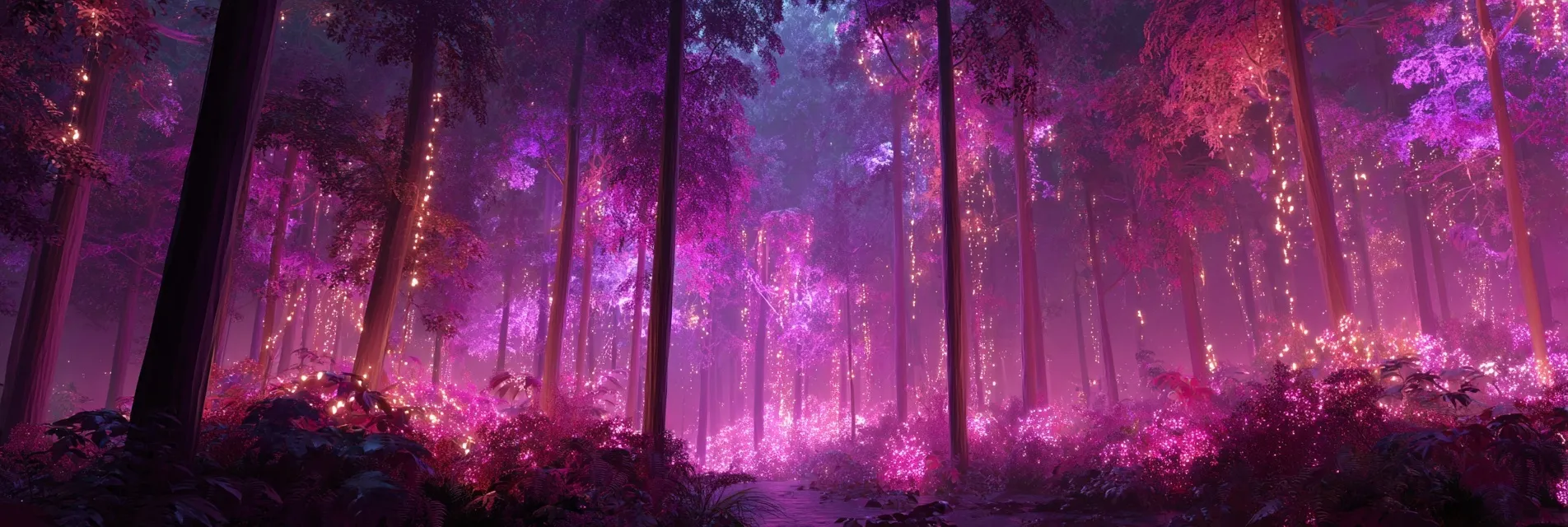 Ultra-realistic magical glowing forest at night featuring vibrant pink and purple luminescent trees.