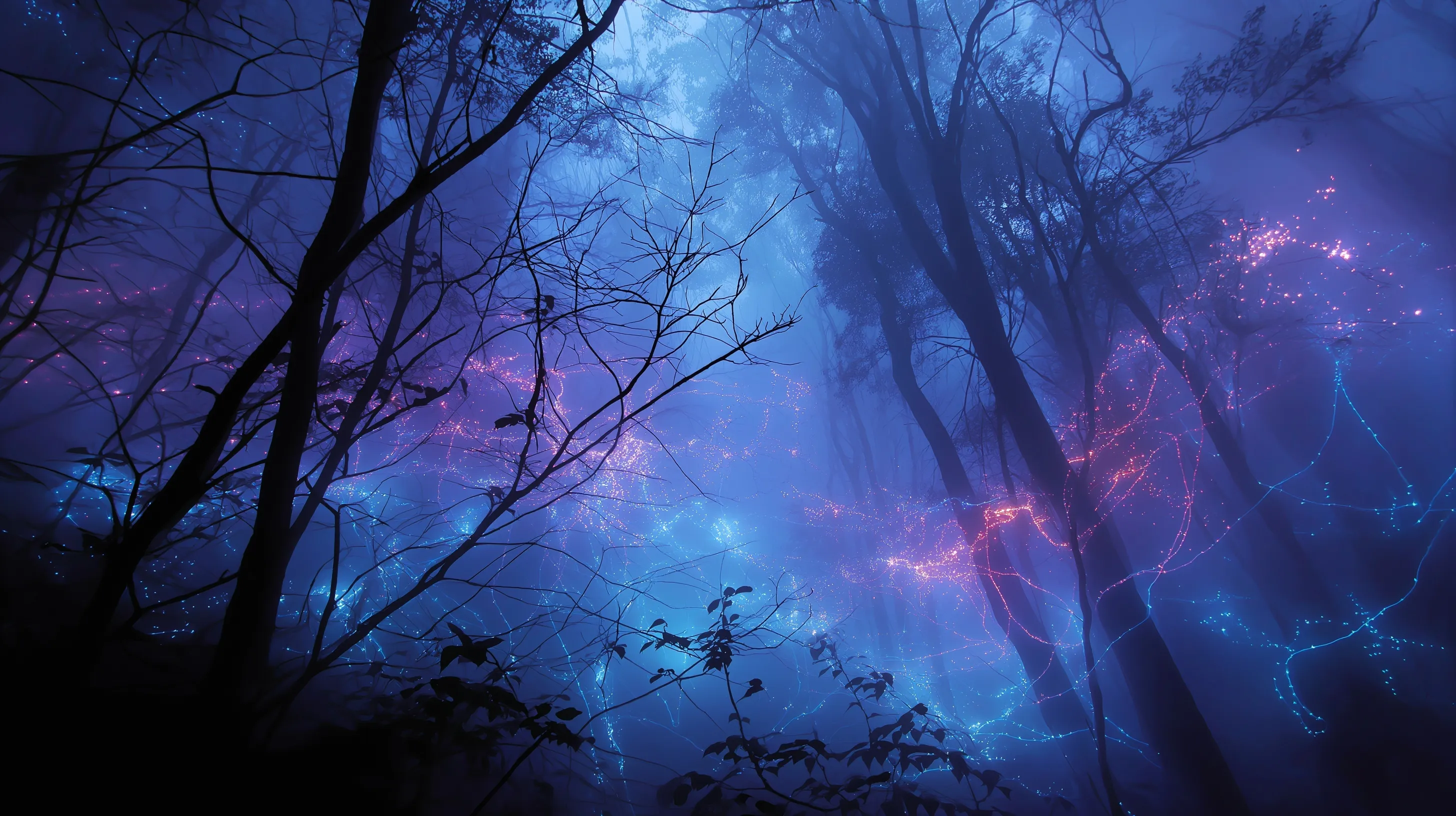 A mystical dark forest at night featuring glowing will-o'-the-wisps and an ethereal veil between realms.