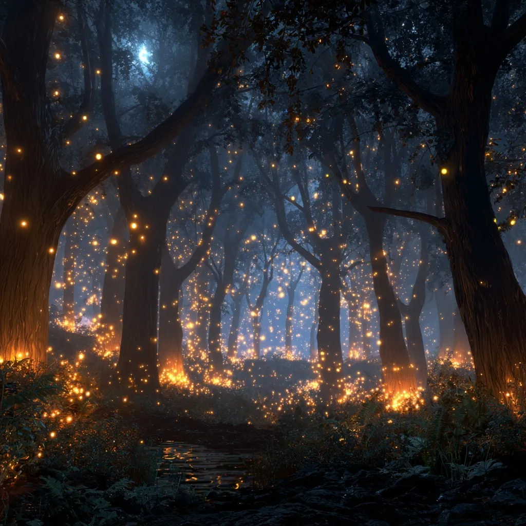 A mystical forest at night featuring ethereal glowing lights and magical bioluminescent trees.
