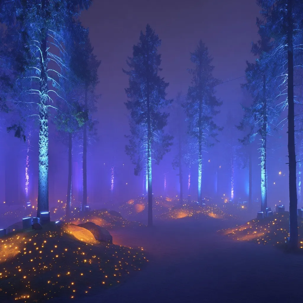 AI-generated glowing pine forest with LED light strips, purple mounds, and magical firefly lights in misty terrain.