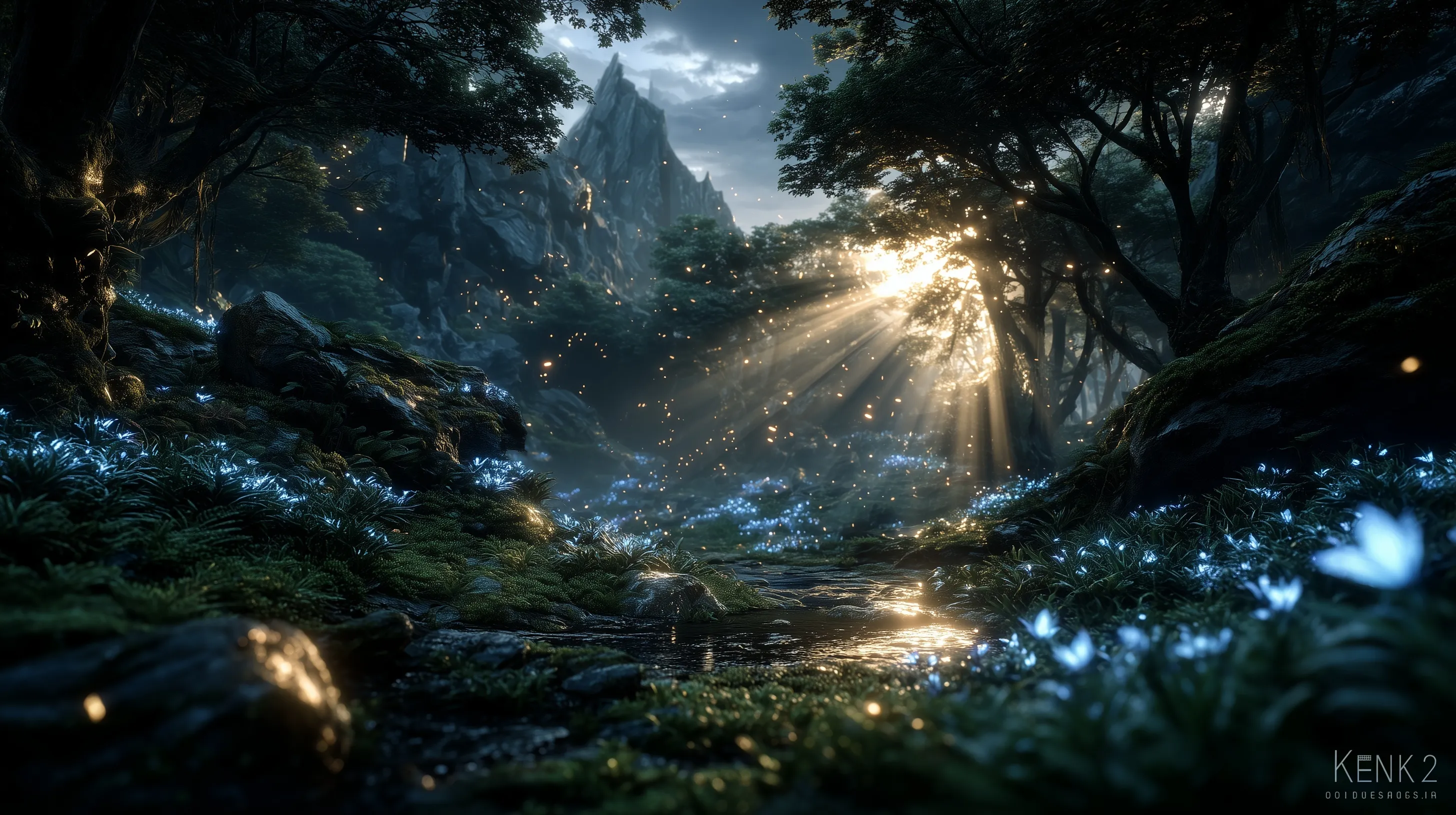 A hyper-realistic AI glowing forest clearing with magical light particles, neon flora, and golden ethereal trails.