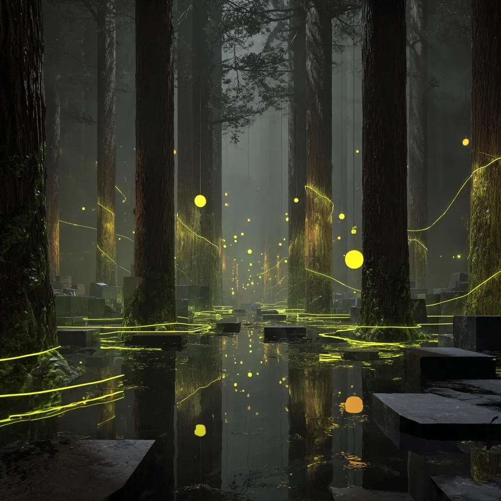 Surreal forest with glowing orbs, pulsating yellow ropes, sequoia trees, and black cubic rocks in a foggy swamp.