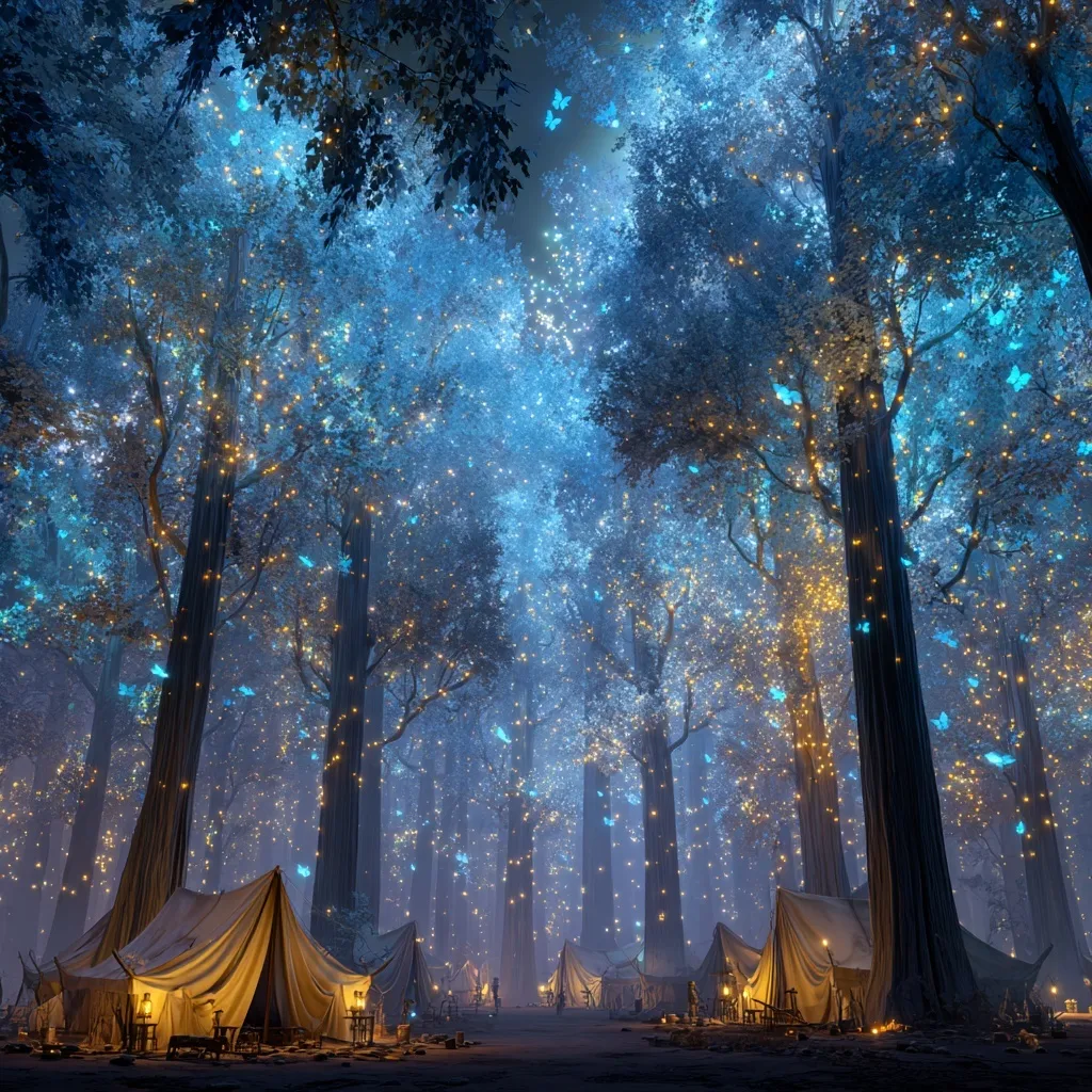 A mystical forest with glowing trees, silver leaves, and an adventurer camp with lanterns in soft, enchanted mist.