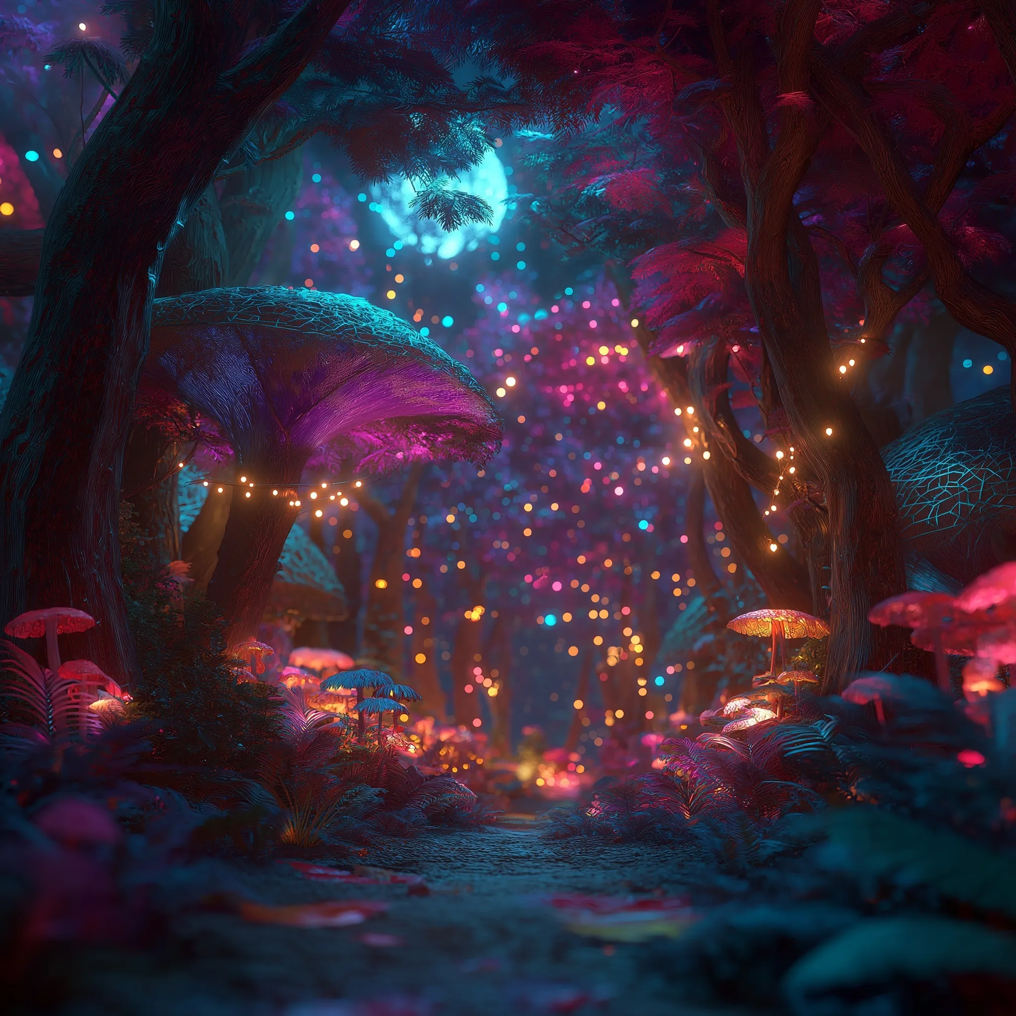 AI-generated magical winter forest with glowing fairy lights, elves, and fairies in a psychedelic low-key setting.
