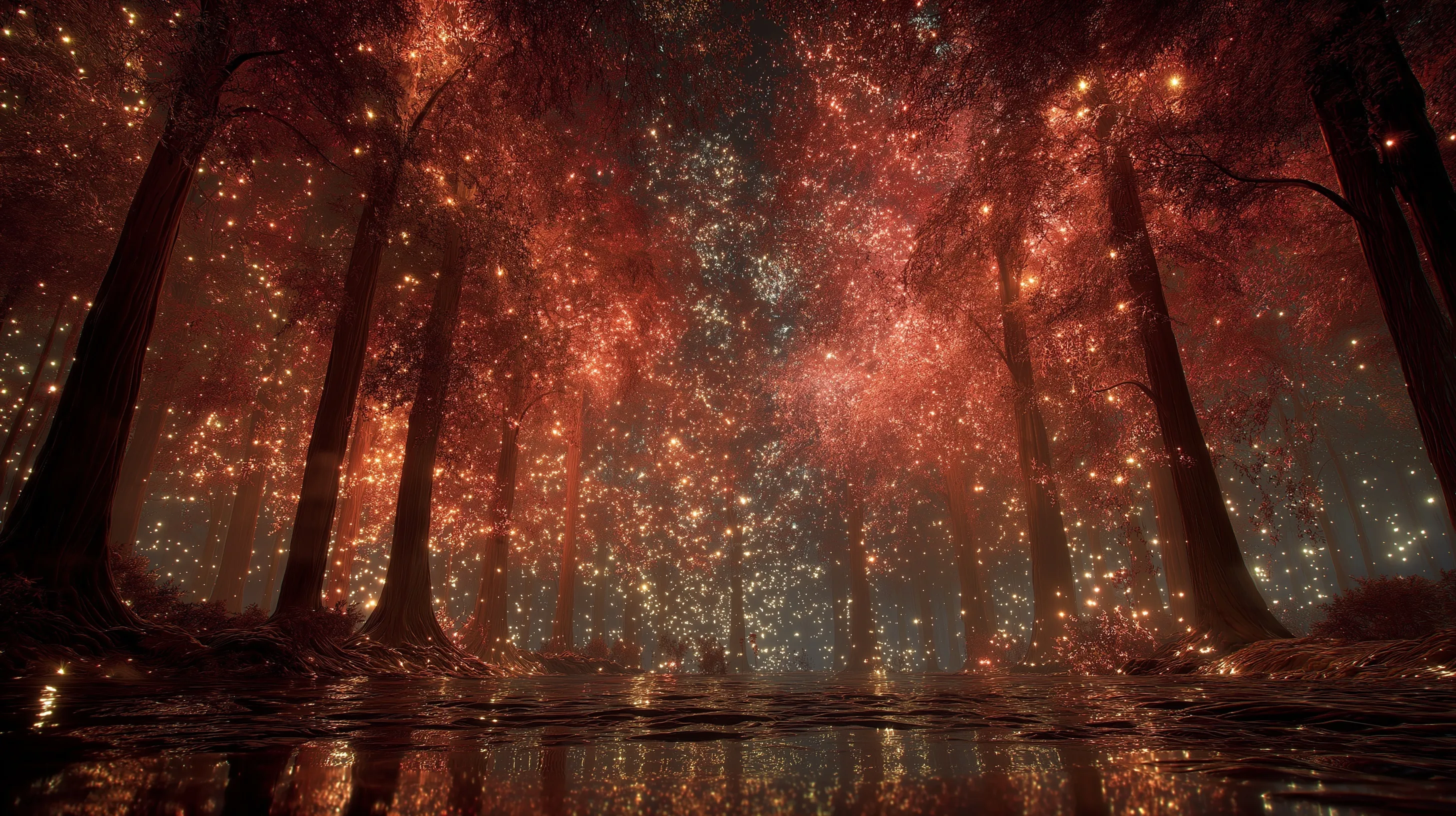 Surreal forest with glowing red-gold trees, floating cosmic embers, and metallic ground in a nebula-inspired style.