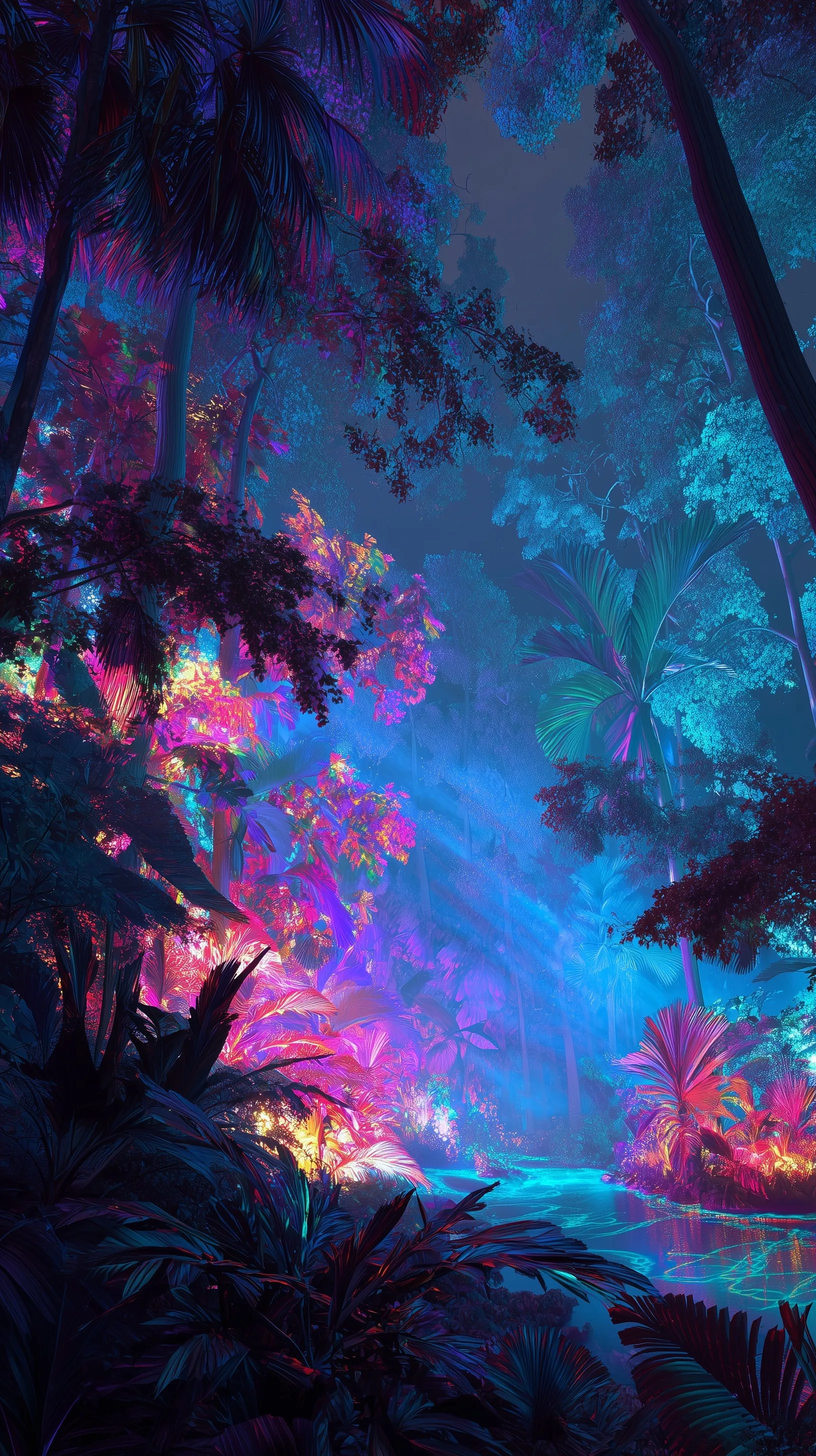 Glowing neon Amazon rainforest at night with fractal patterns and bioluminescent rivers, cinematic digital art.