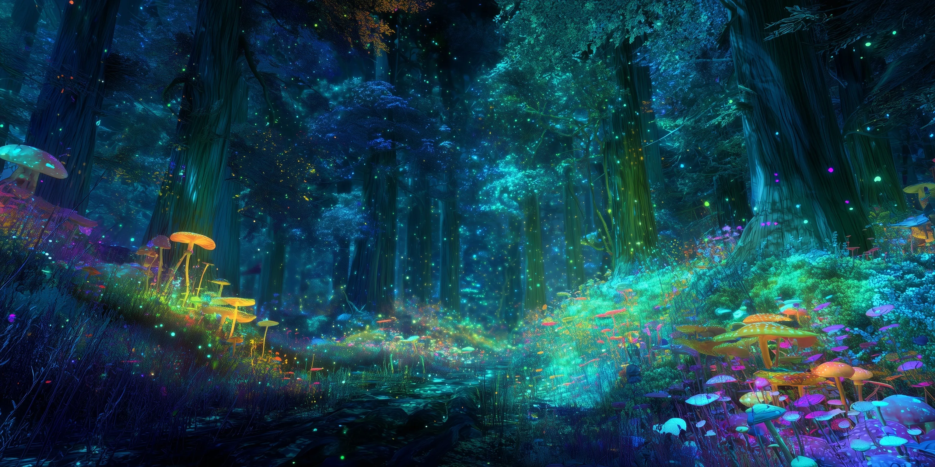A magical glowing forest with vibrant bioluminescent plants, floating particles, and ethereal light in a dark woods.