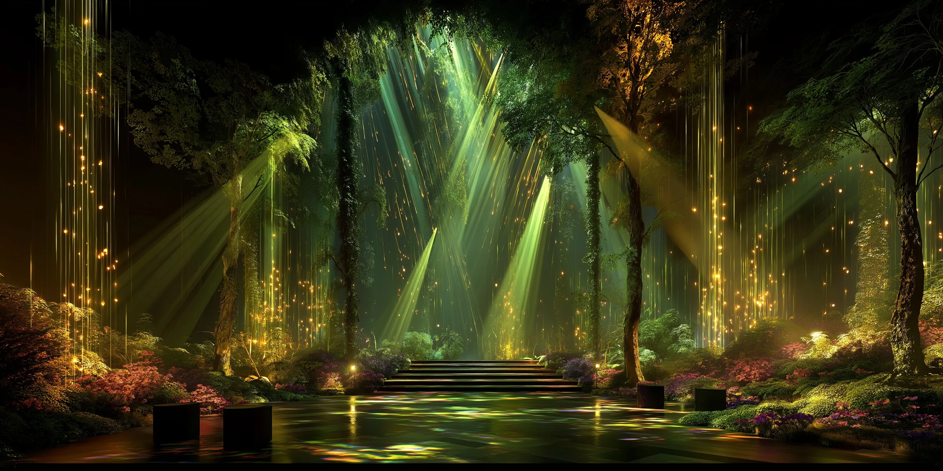 AI-generated glowing forest stage in a Spanish baroque theater with ethereal green lighting and mossy seating.