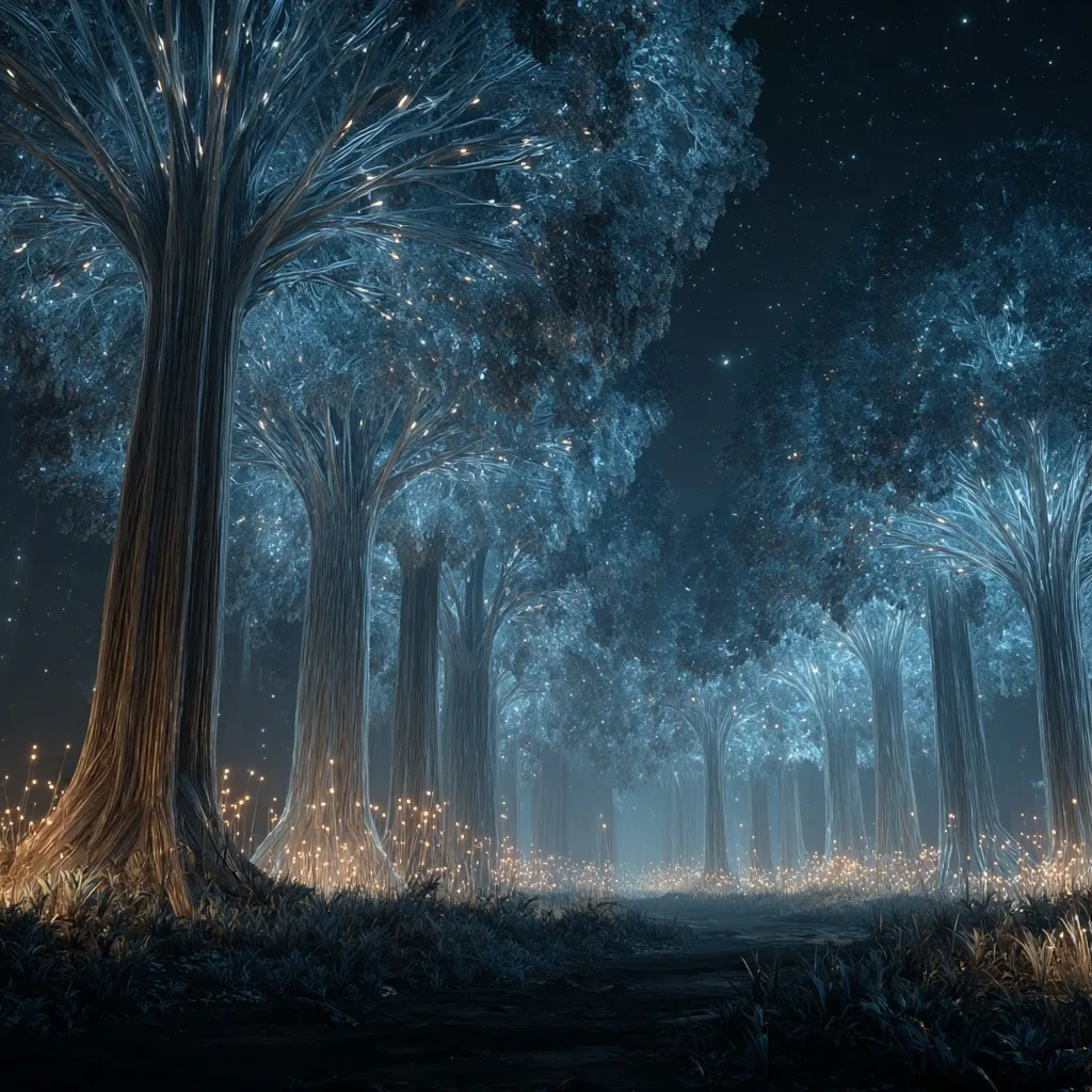 A surreal glowing forest with sparkling crystal leaves and shimmering mist under a starry night sky.