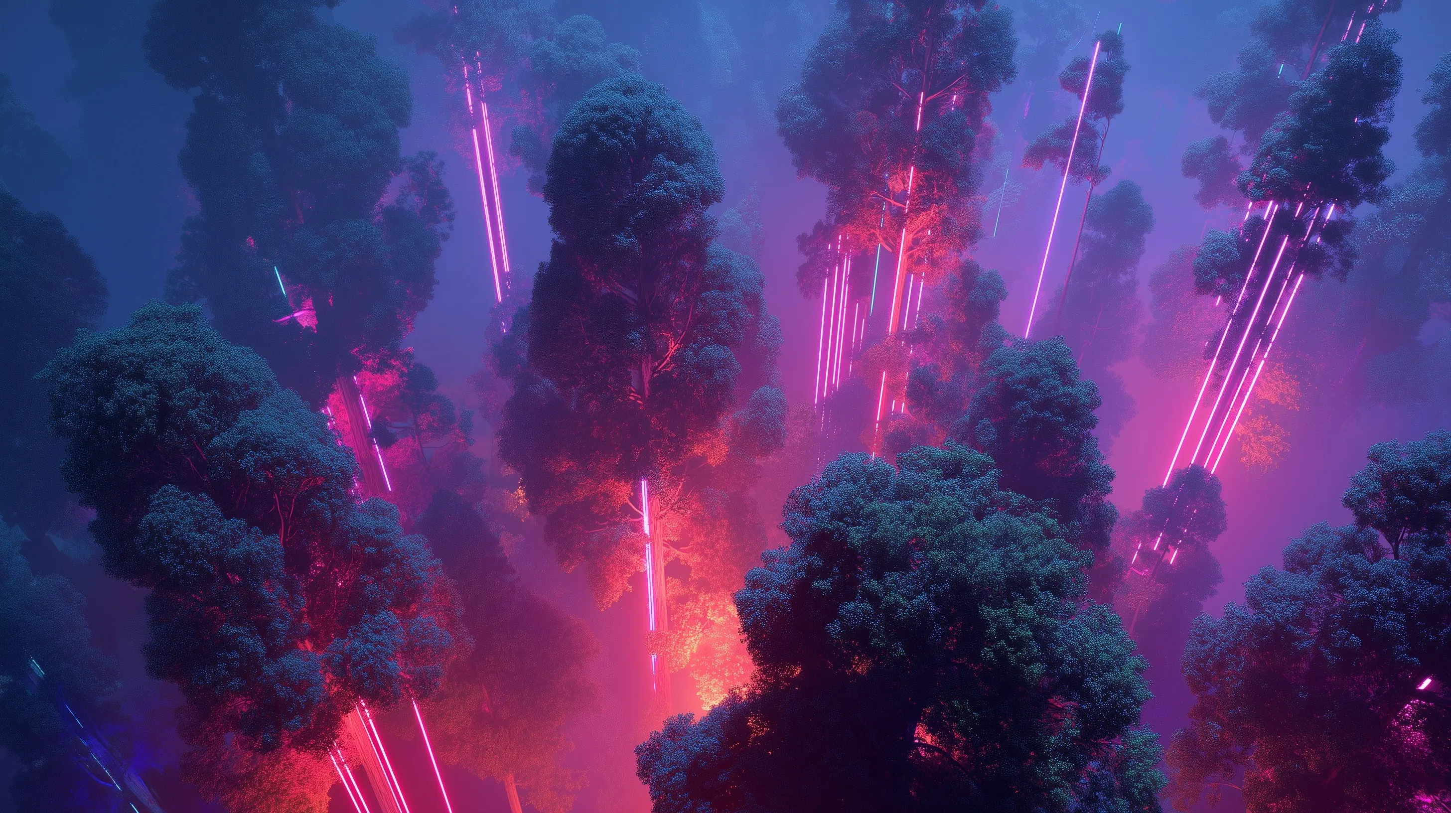 Aerial drone view of a glowing neon forest at night with pink and red energy trails in a futuristic fantasy landscape.
