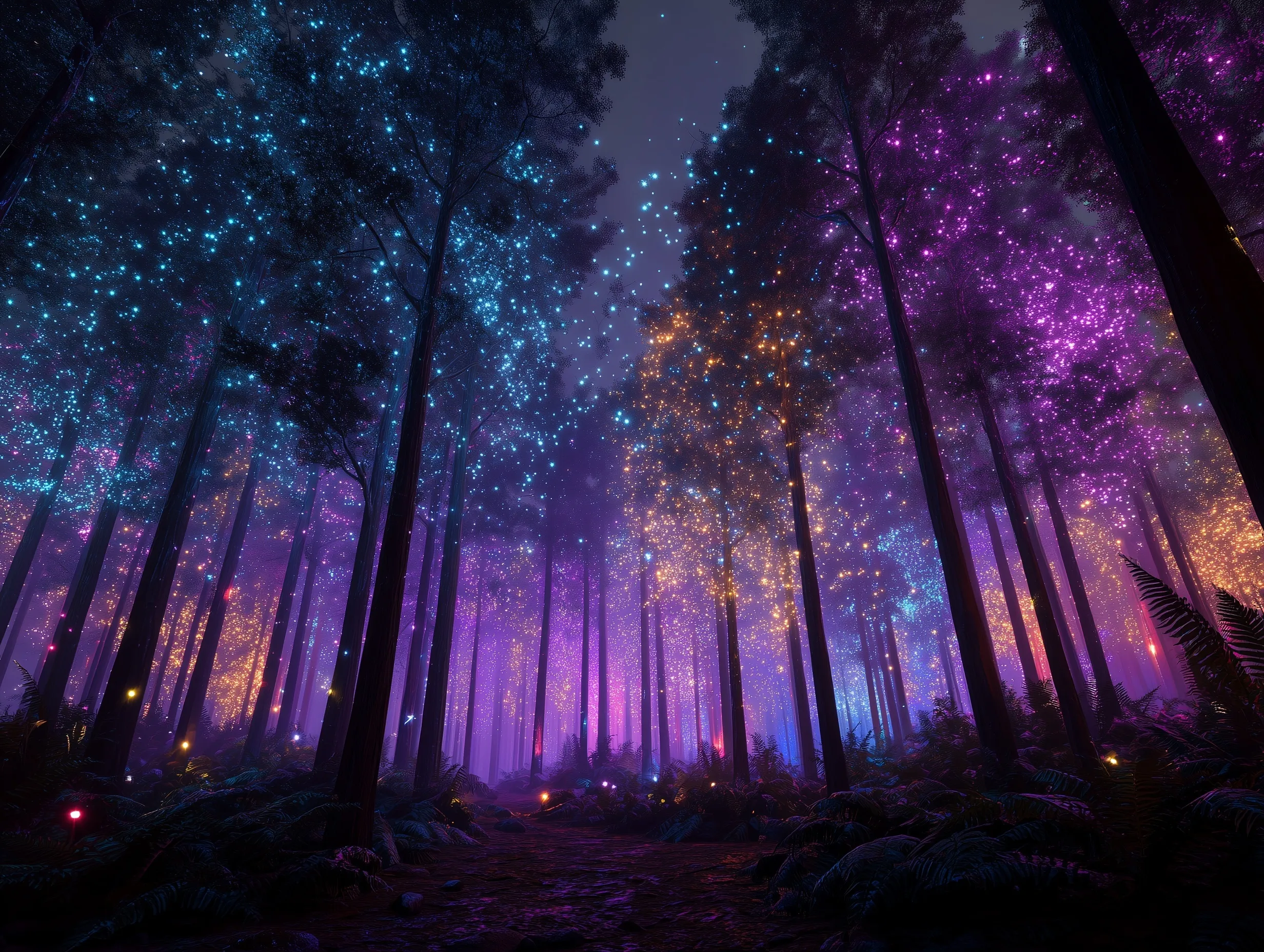 A magical AI-generated forest with glowing neon lights and shimmering laser particles among mystical glowing trees.