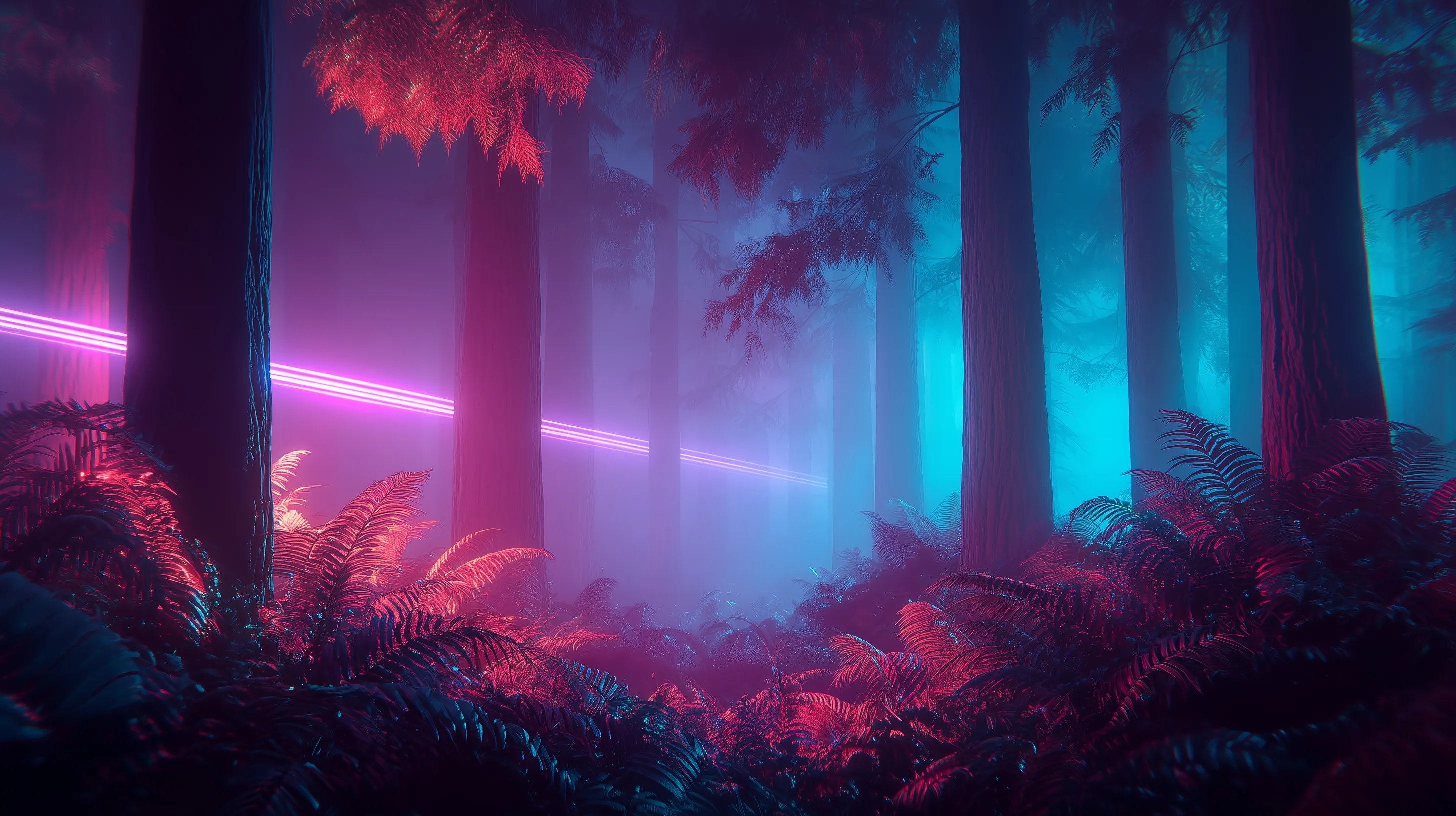 A mystical redwood forest illuminated by glowing futuristic laser beams creating a cinematic digital light show.