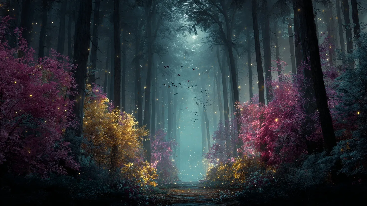 Cinematic view of an enchanted forest with glowing particles, magical mist, and tall trees in magenta and mint tones.
