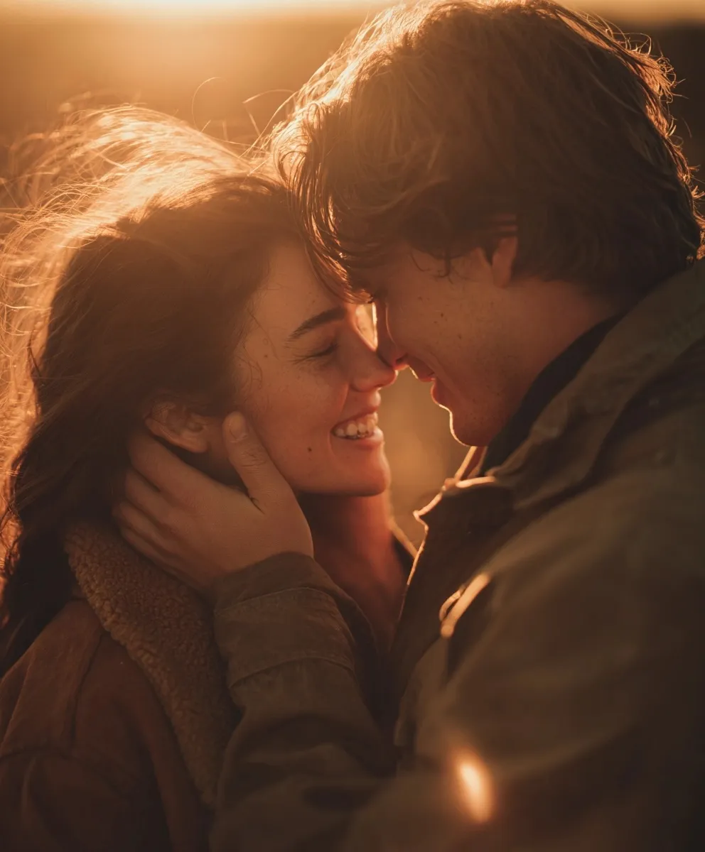 Romantic couple smiling during golden hour, man tenderly holding woman's face outdoors.