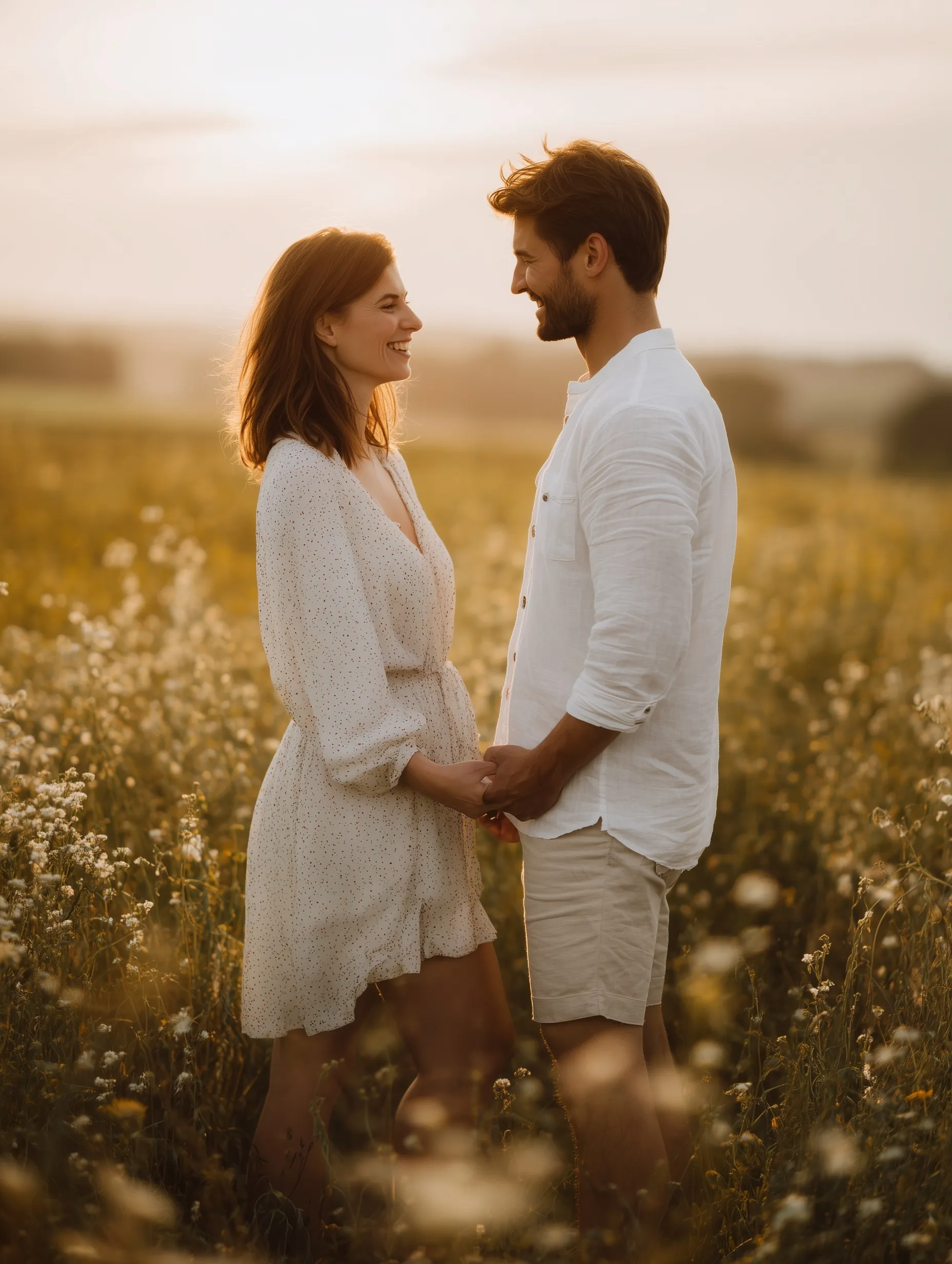 A romantic white couple holding hands and smiling in a sunlit rustic field during golden hour.