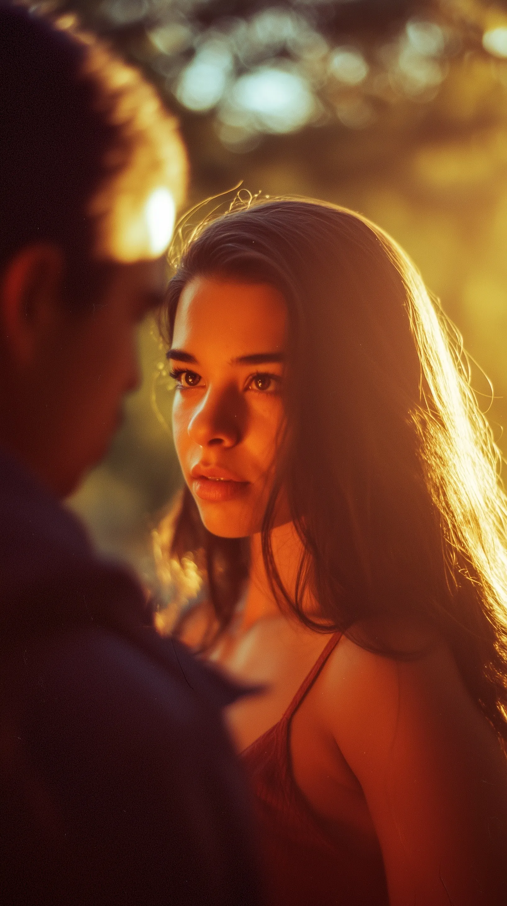 A young woman and man sharing an intense, romantic moment in a sunlit park during golden hour, cinematic film style.