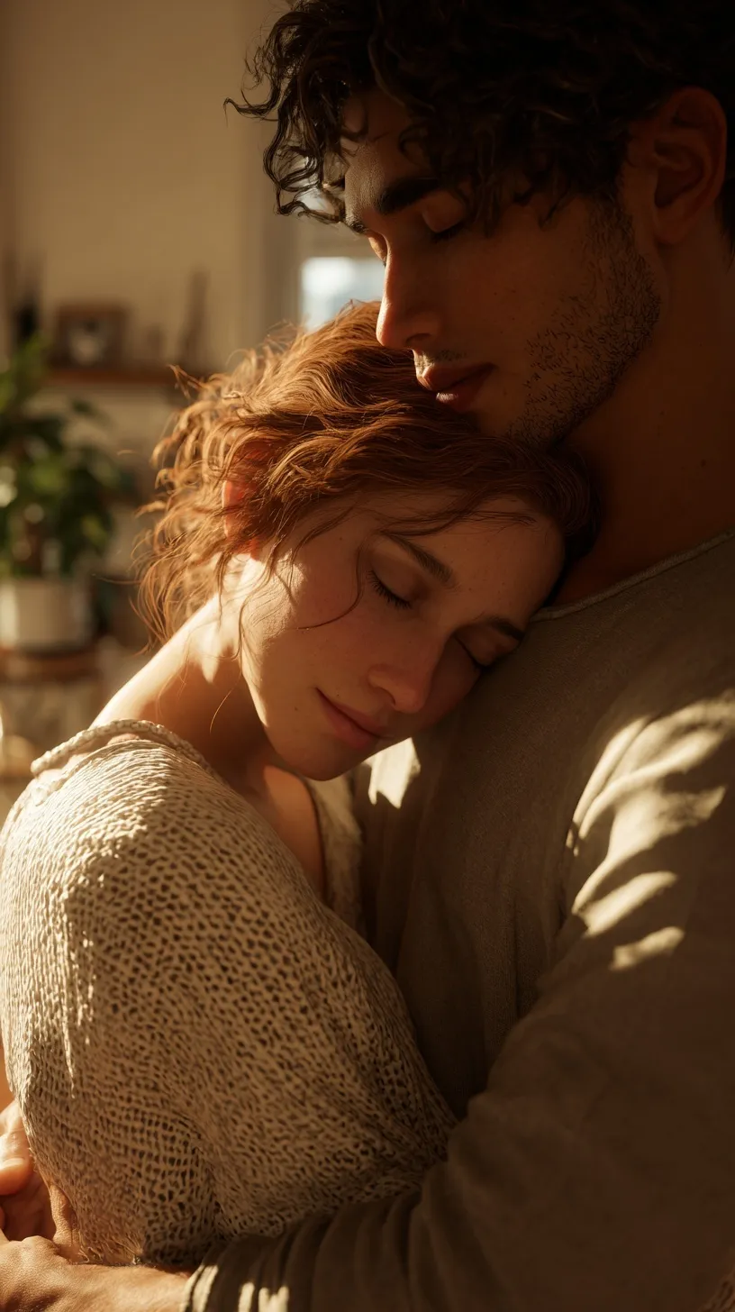 A photorealistic intimate couple embracing gently in a sunlit, cozy living room with peaceful expressions.