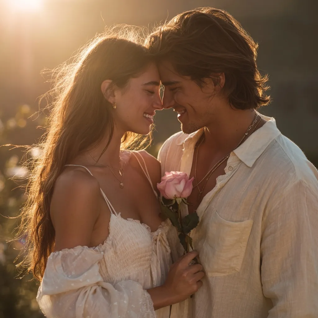 Romantic couple in white summer dress and shirt holding a pink rose during a golden sunset, backlit by sunlight.