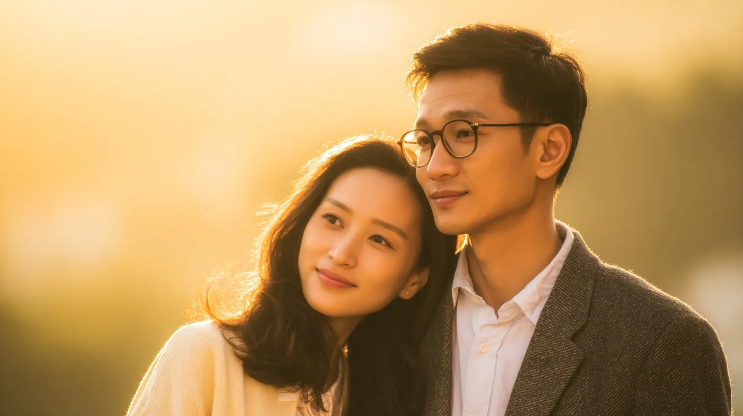 A romantic Asian couple in their 30s sharing an intimate, loving moment under warm, soft golden sunlight.