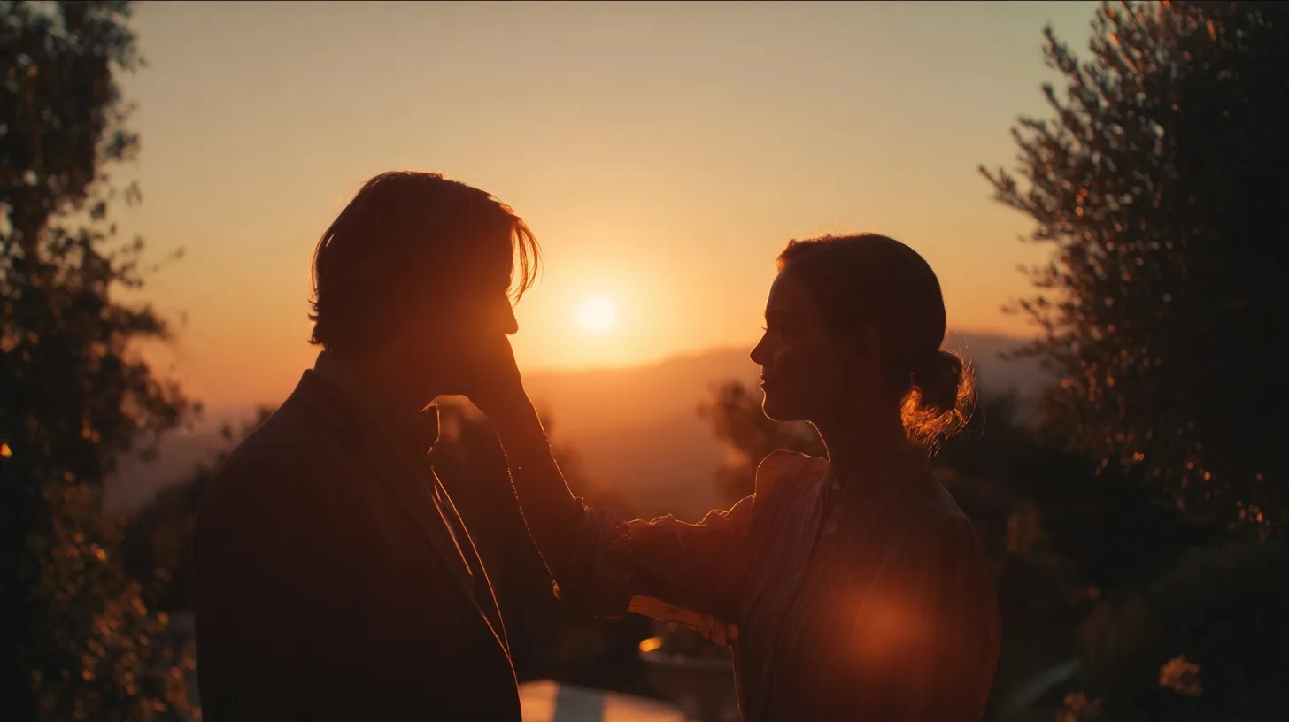 A romantic couple standing at sunset, the woman gently touching the man's cheek in a cinematic, poetic moment.