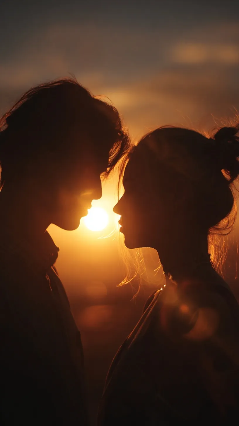 AI-generated romantic couple sharing an intimate gaze during a golden hour sunset.