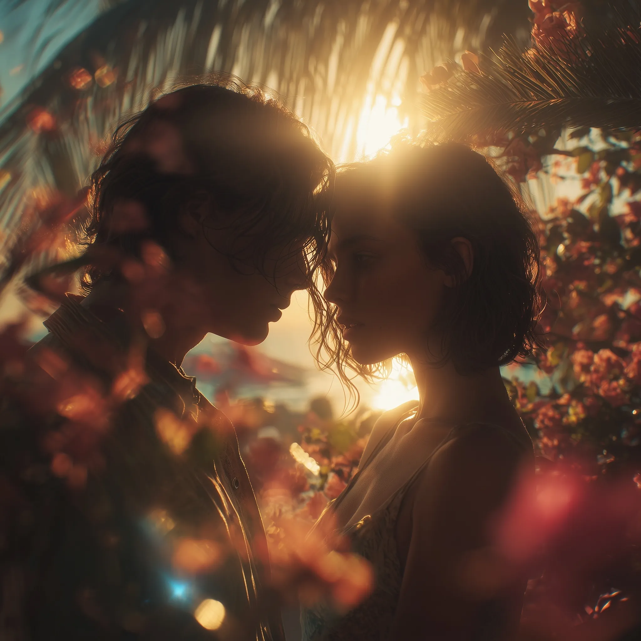 A romantic young European couple gazing passionately at each other on a tropical beach at golden hour.