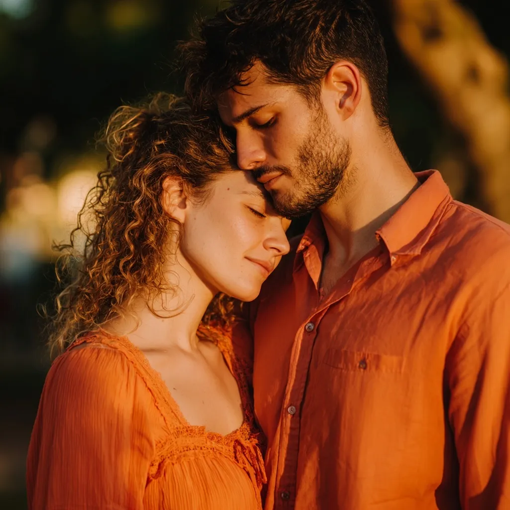 Happy mature couple embracing in a sunlit park, warm orange sunset glow, cinematic style, authentic romantic connection.