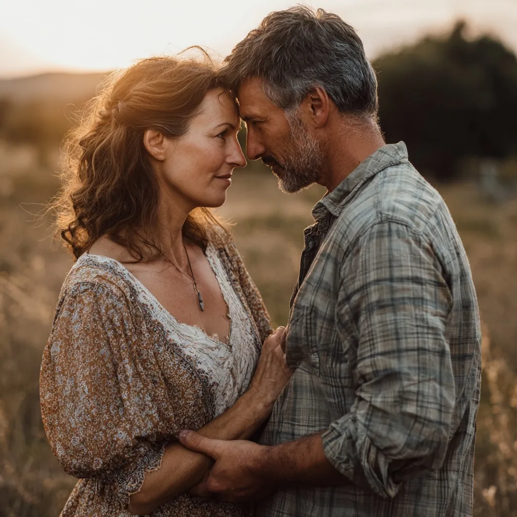 A beautiful middle-aged couple in boho outfits holding hands and looking at each other in the countryside.