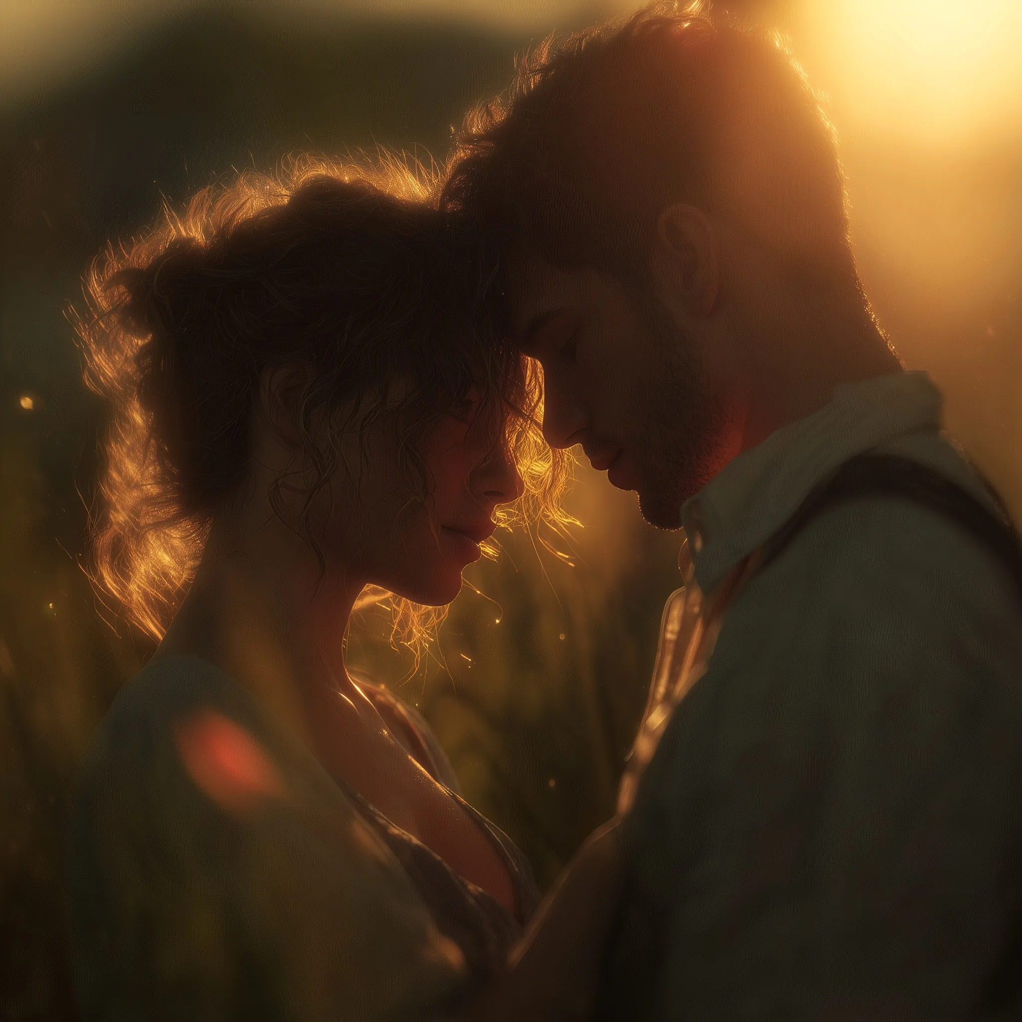 A romantic couple sharing an emotional connection at golden hour with soft sunset lighting and a dreamy atmosphere.
