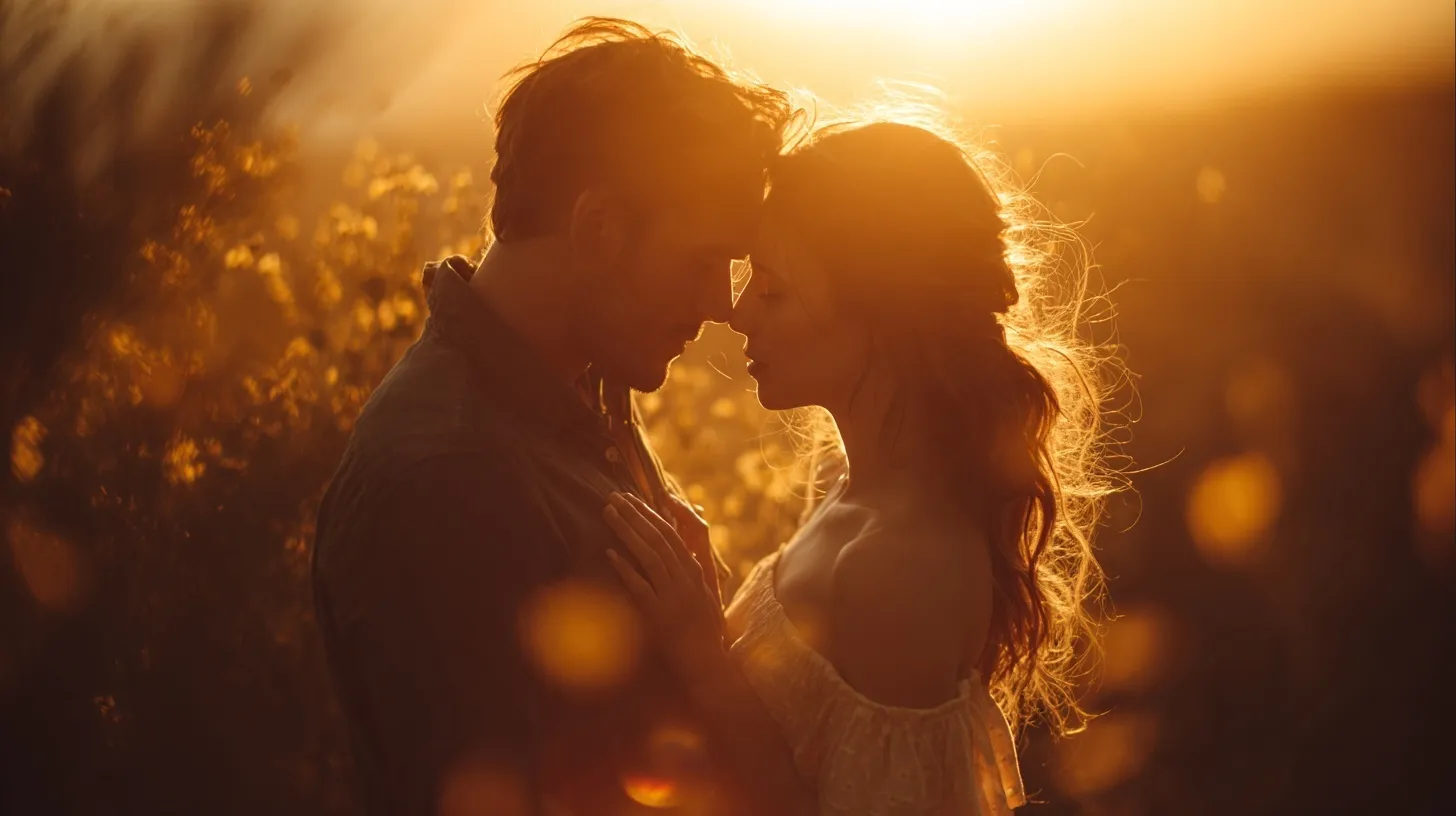 Romantic couple standing forehead-to-forehead in golden sunset light with magical floating hearts and bokeh.