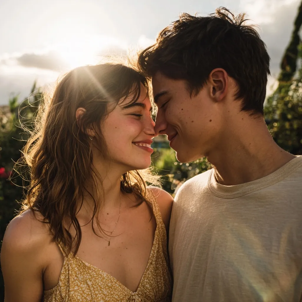 A romantic young couple sharing a tender, joyful moment outdoors in golden summer sunlight.